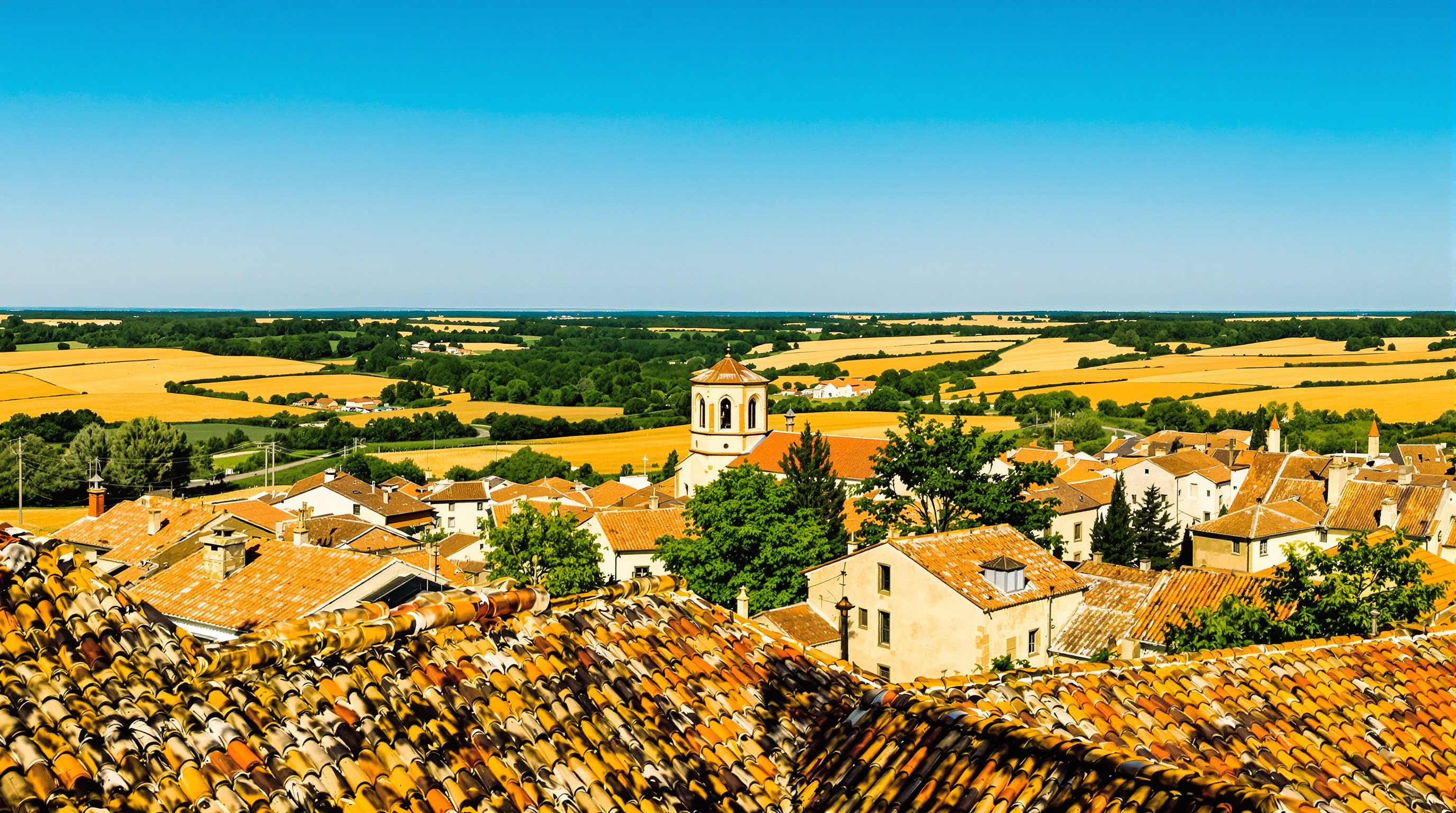 Panorama d’Albiac (31460) sous le soleil du Lauragais avec l’église Saint-Martin et les champs vallonnés