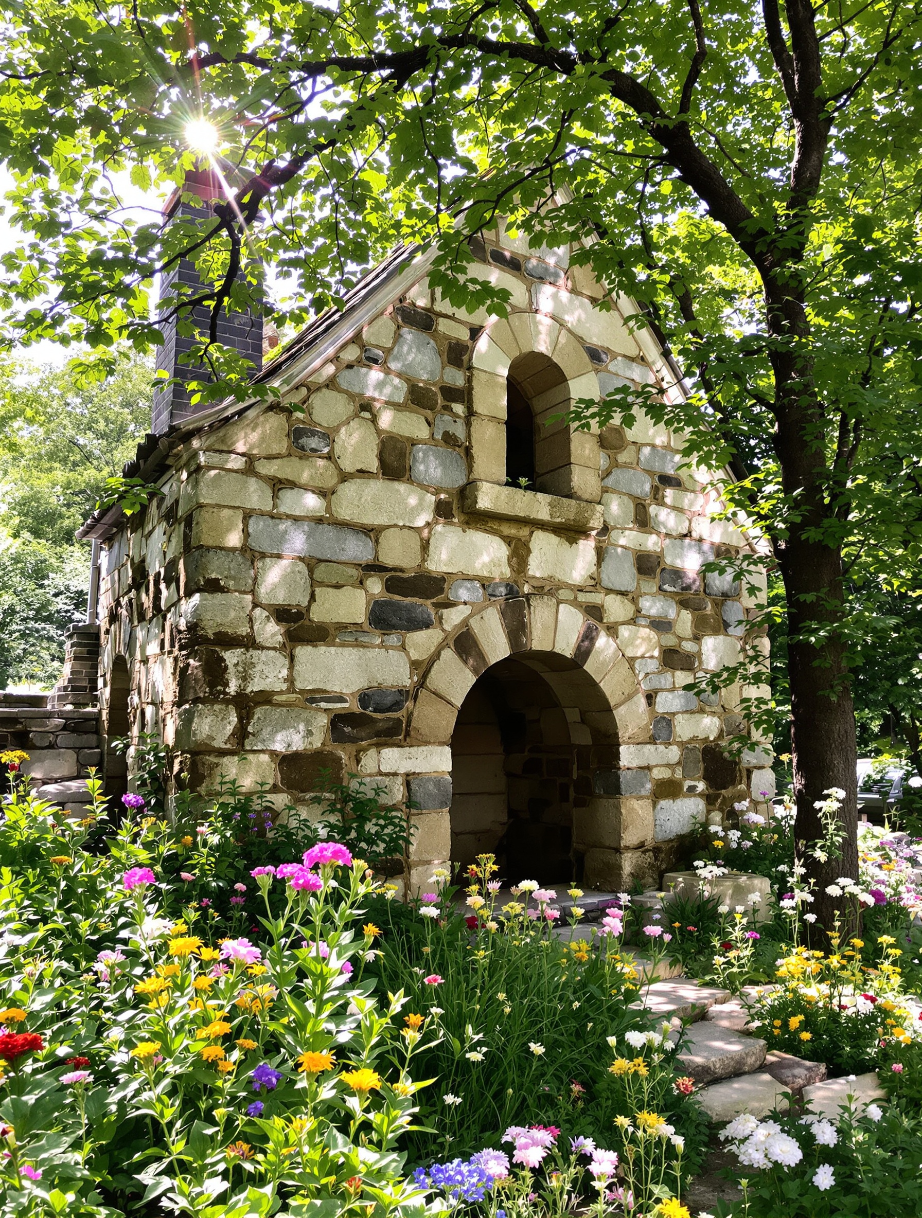 Le vieux lavoir en pierre d’Albiac entouré de fleurs sauvages.