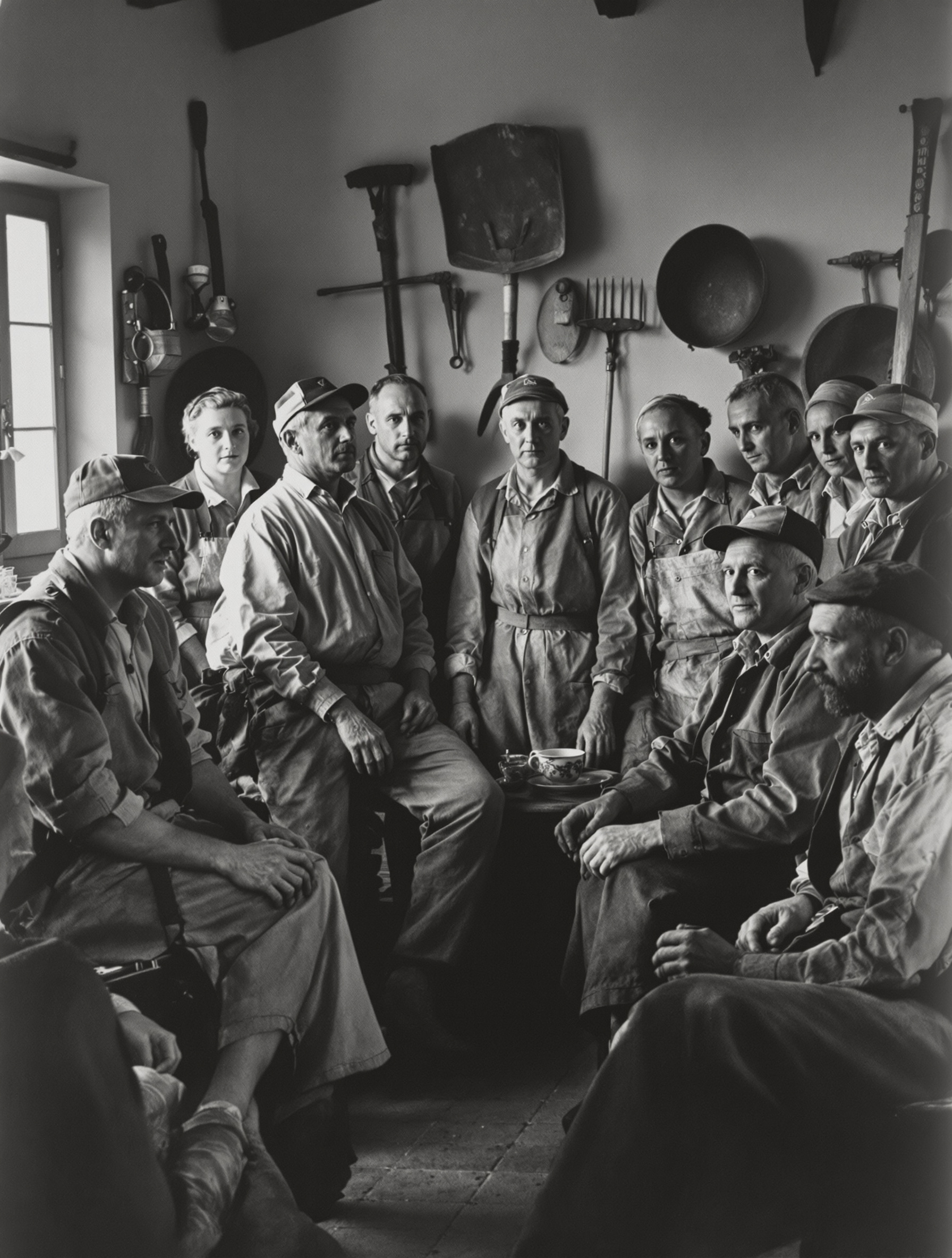 Photographie d'archive en noir et blanc représentant un groupe de paysans lors d'une réunion symbolisant l'esprit fondateur de la MSA.