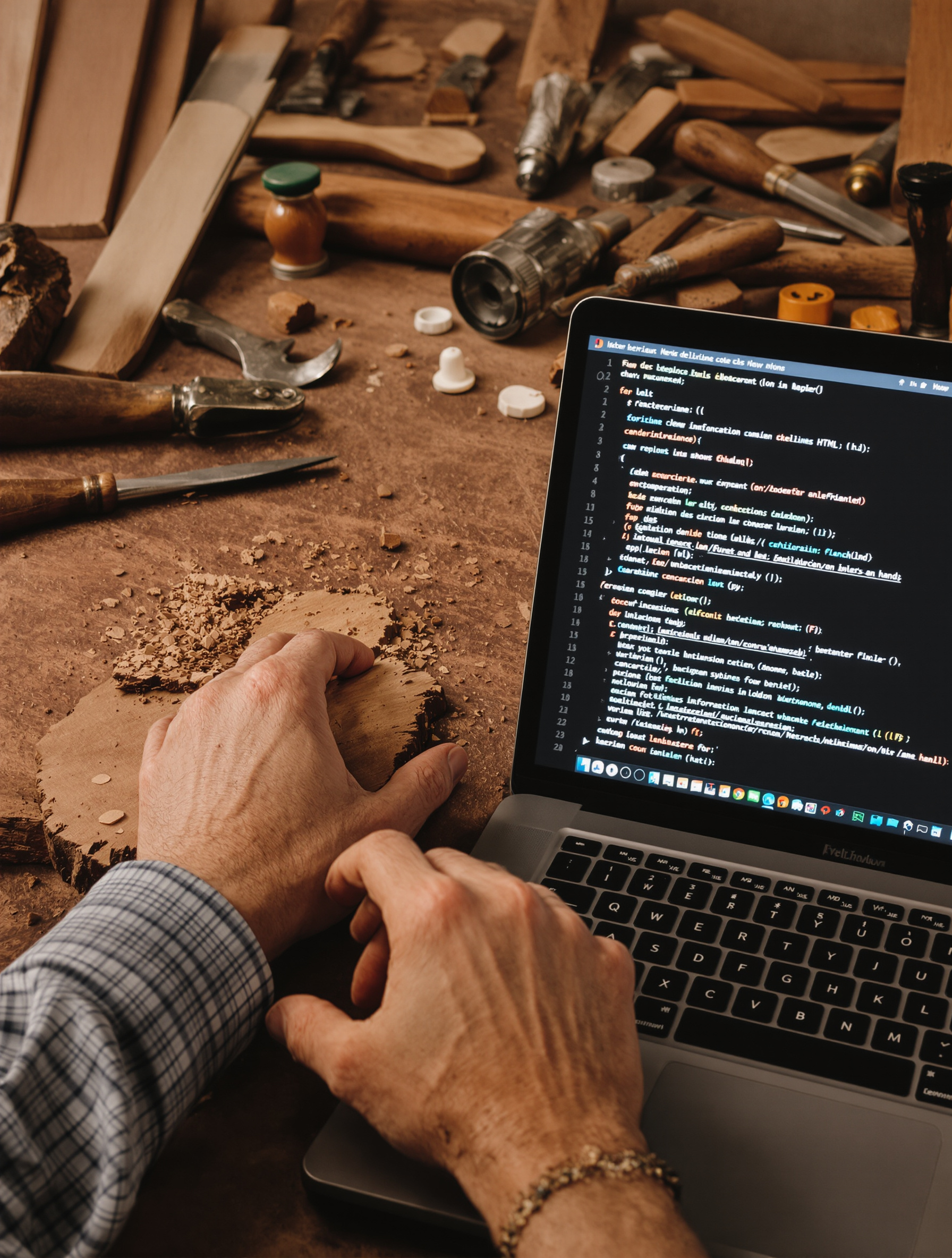 Artisan menuisier travaillant le bois sur un établi avec un ordinateur portable affichant du code HTML simple à côté – parallèle entre artisanat manuel et création web à la main.