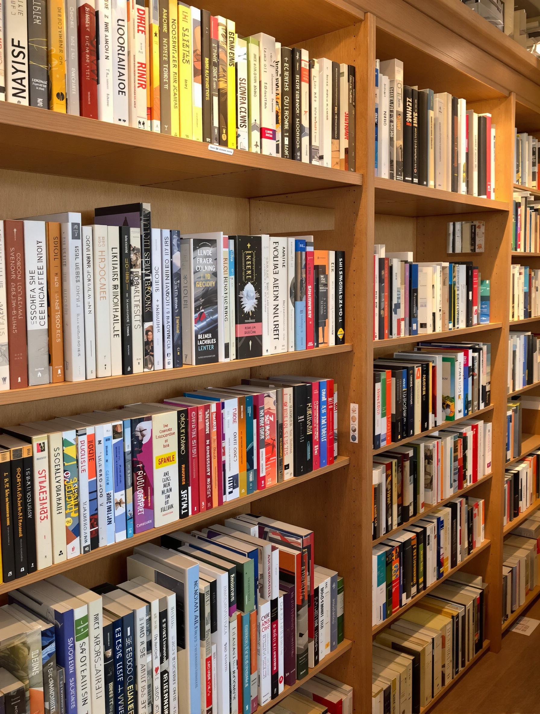 Les rayons bien fournis et ordonnés de la bibliothèque Préserlivres, montrant une sélection de livres récents et de classiques pour adultes, baignés dans une lumière accueillante.