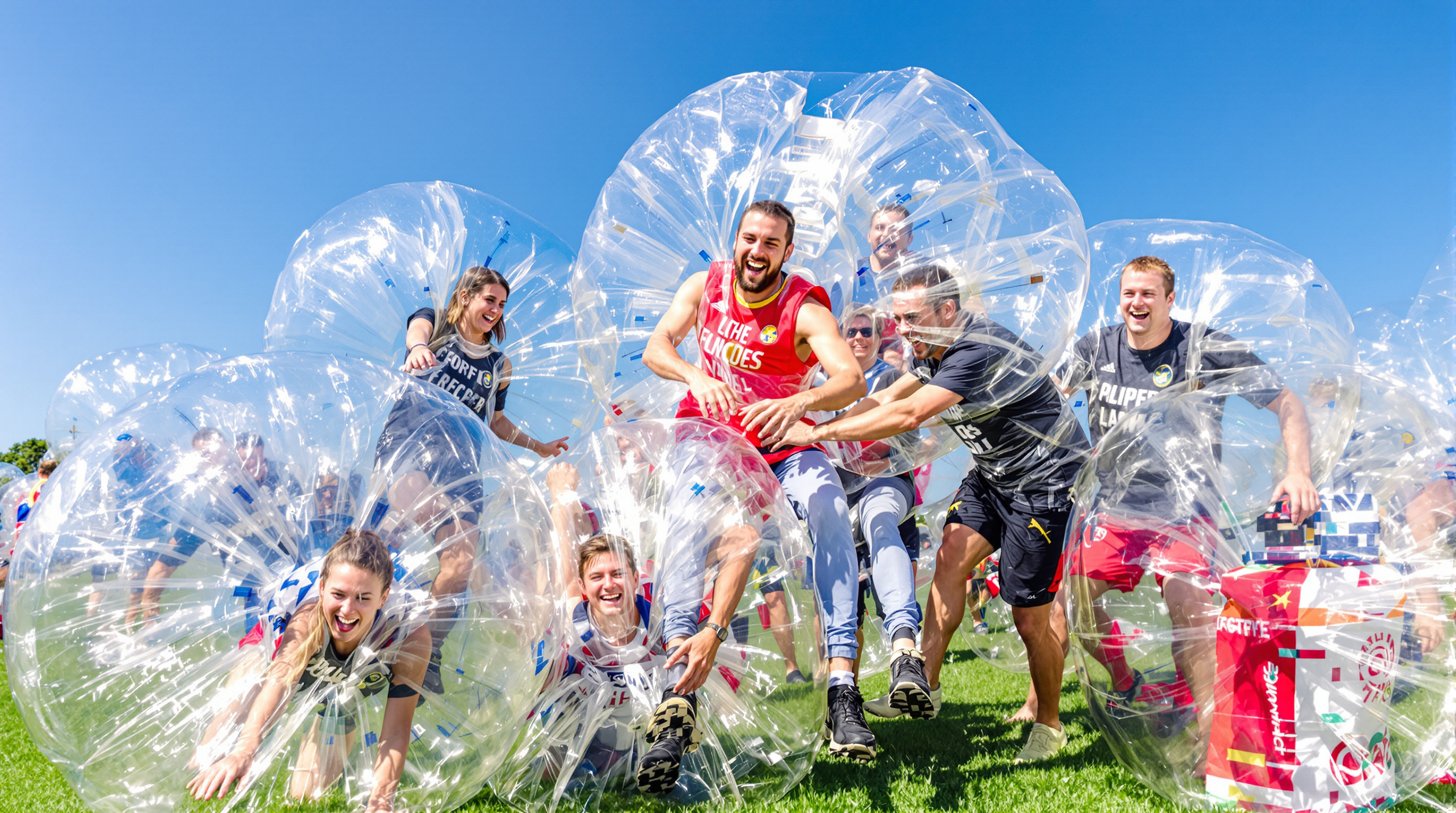 Groupe d'adultes hilares jouant au Bubble Foot en extérieur sous un ciel bleu.