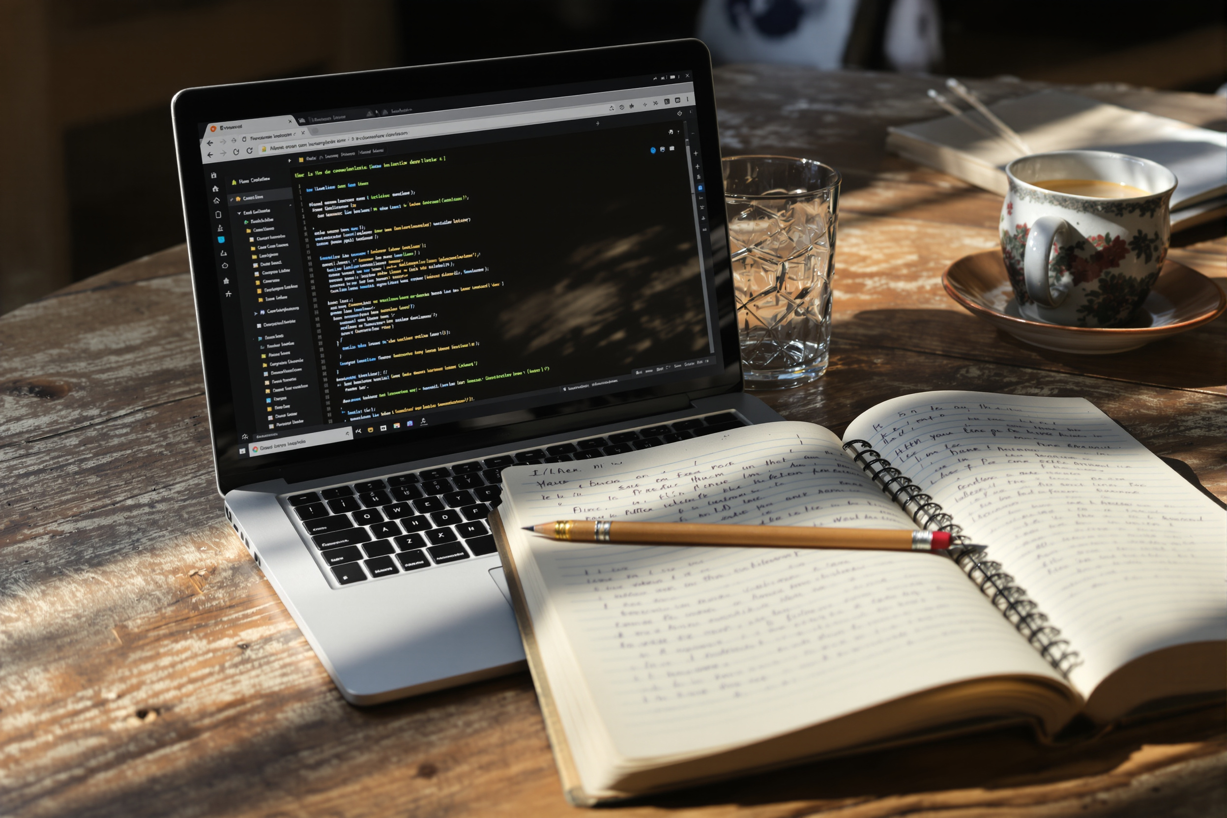 Un bureau rustique avec écran affichant du code HTML simple, DevTools ouverts et carnet artisanal à côté.