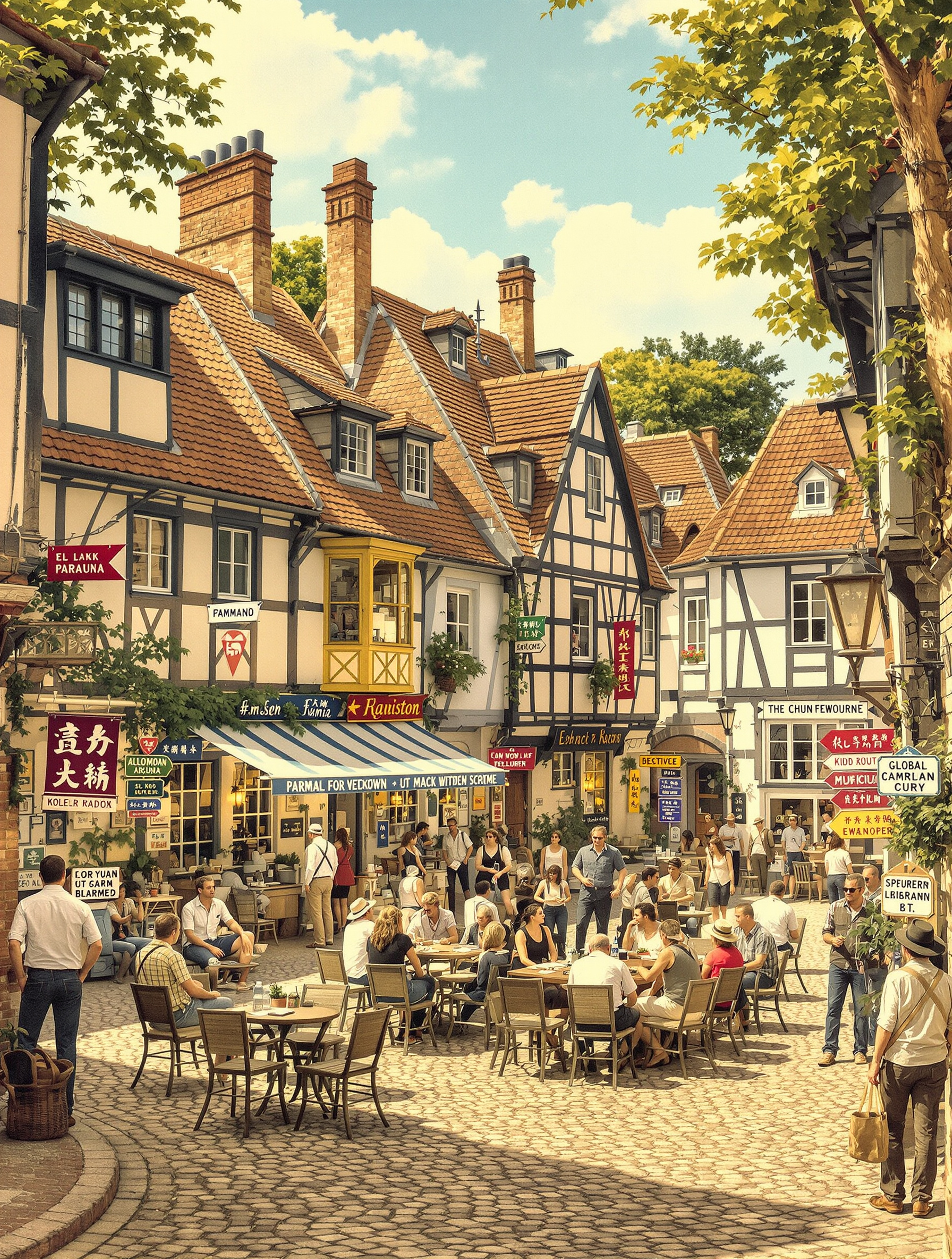 Village européen avec pancartes multilingues et habitants échangeant, symbolisant un web adaptable à toutes les cultures.