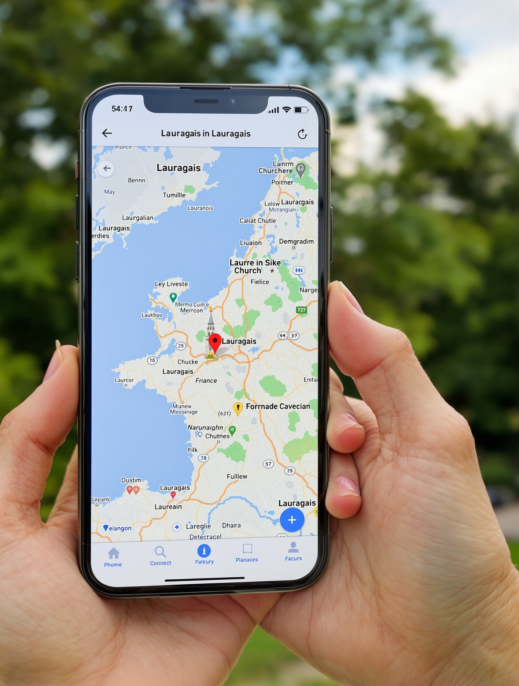 Un smartphone affichant une carte satellite claire du Lauragais avec un clocher reconnaissable au premier plan.