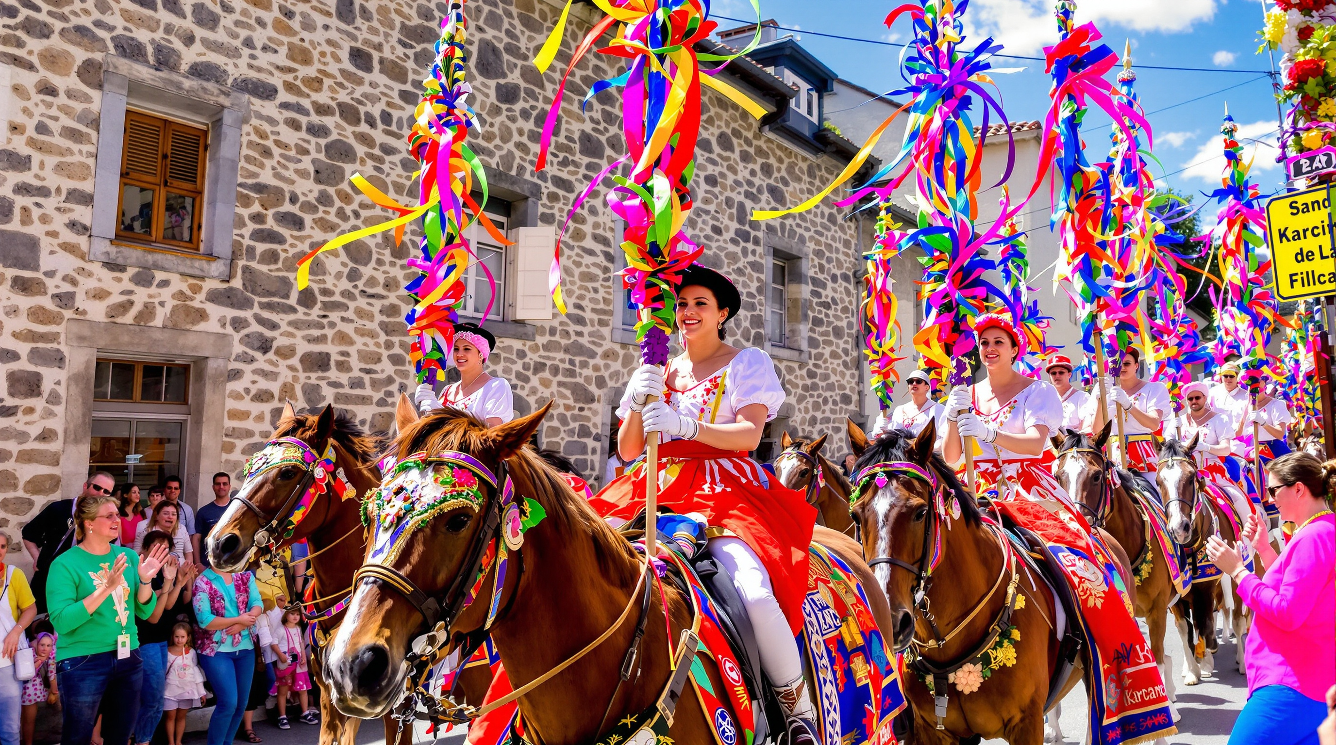 Cavaliers et cavalières costumés portant des piques colorées lors du cortège de la Fête du Pré de la Fadaise au Bourg-Saint-Bernard