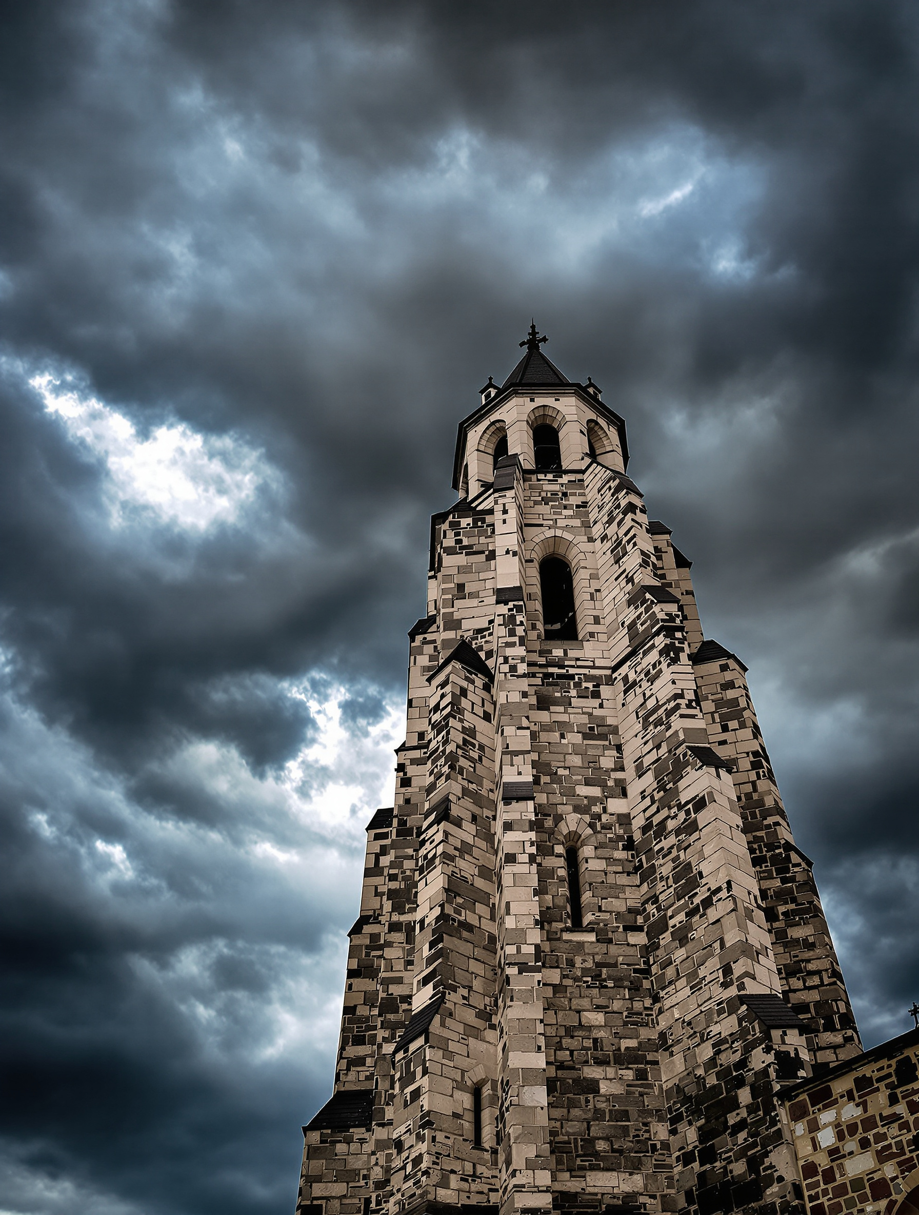 Clocher robuste de l'église Saint-Martin de Ségreville sous un ciel changeant, symbole du village forgé par son climat.