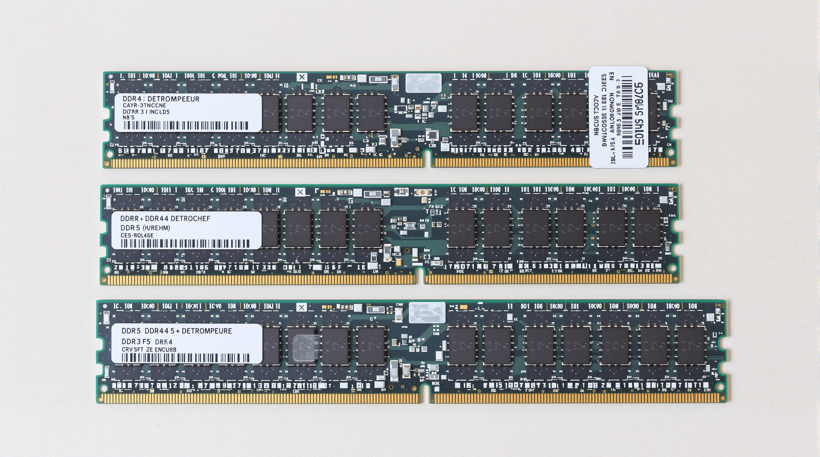 Plusieurs générations de barrettes RAM côte à côte (DDR3/DDR4/DDR5), montrant différences d’encoches.