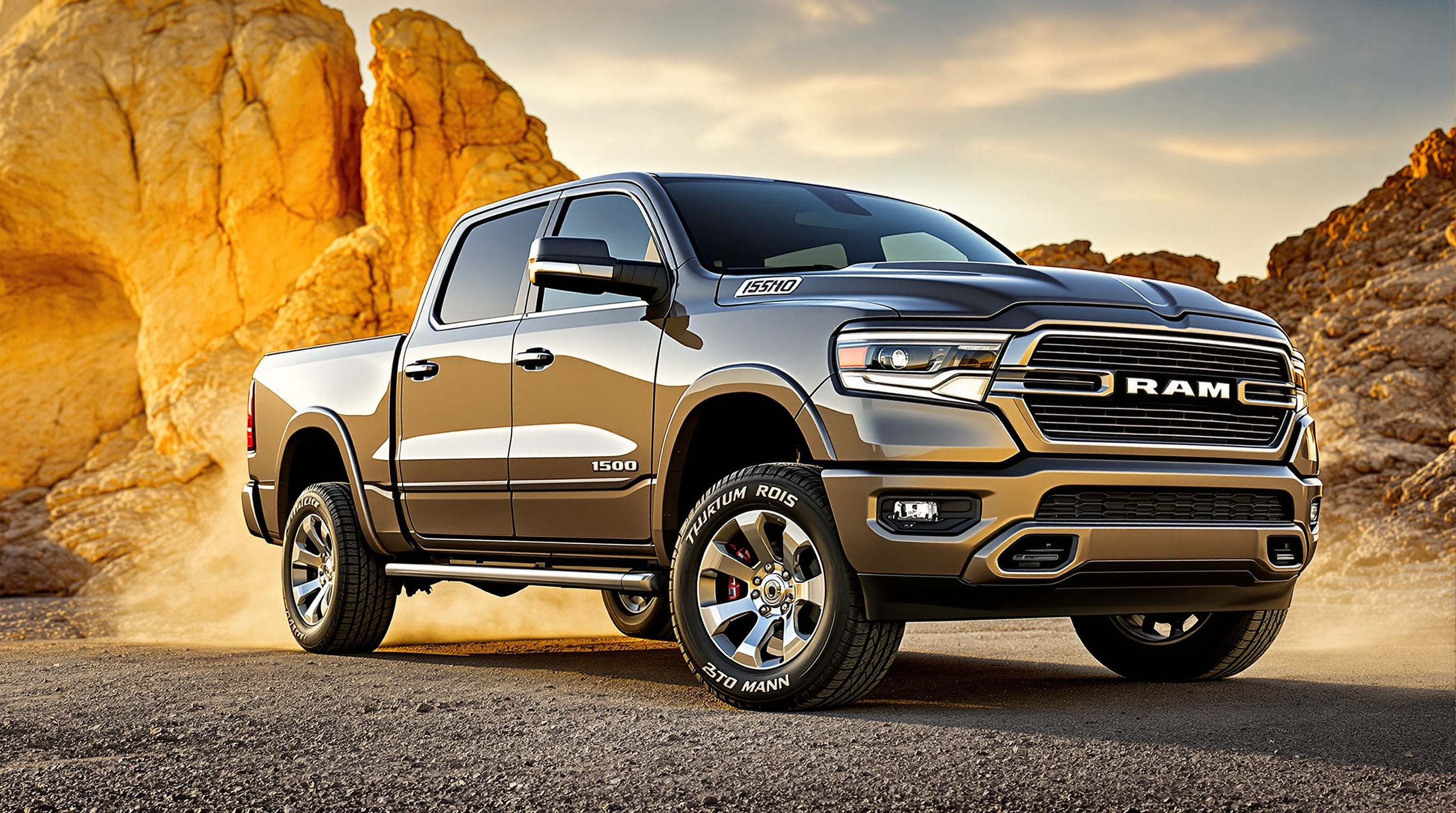 Pick-up Dodge Ram 1500 RHO ou Limited dans un décor mettant en valeur sa taille imposante et son design agressif.