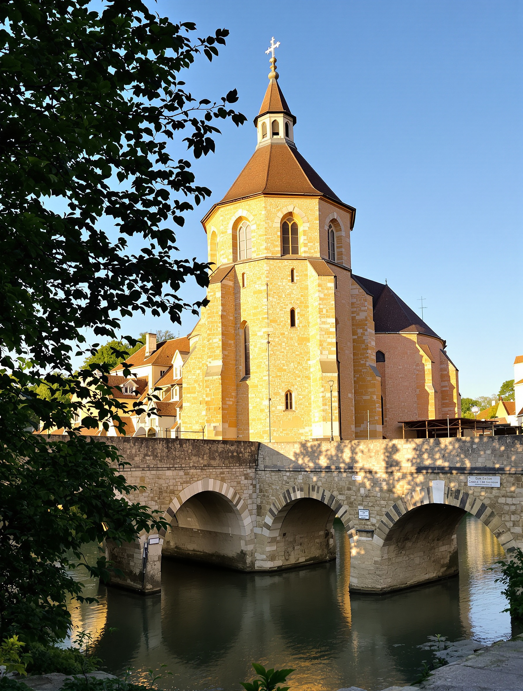 L'église Saint-Étienne d'Auriac-sur-Vendinelle vue depuis le pont en pierre sous la lumière matinale