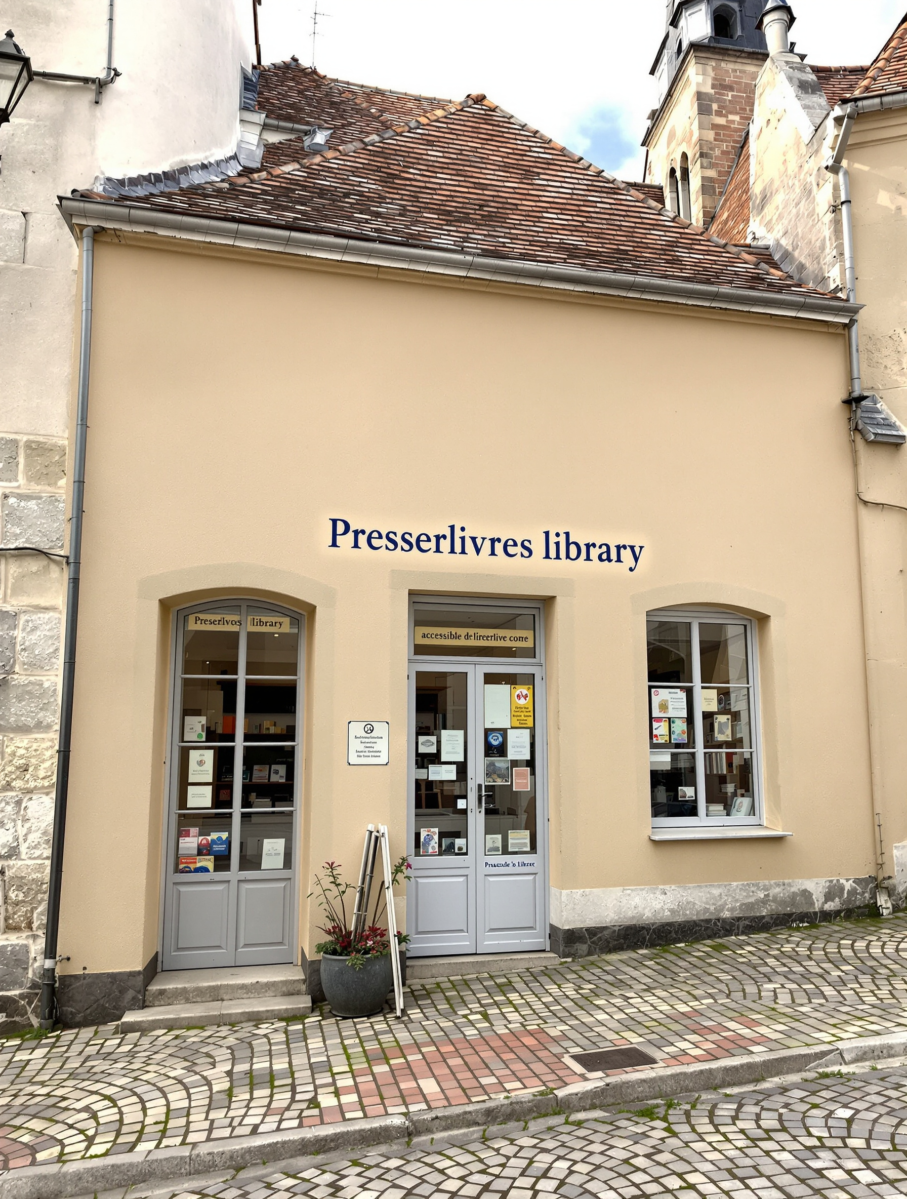 La façade discrète de la bibliothèque Préserlivres, située sur la Place de l'Église à Préserville, symbole d’un lieu culturel accessible au cœur du village.