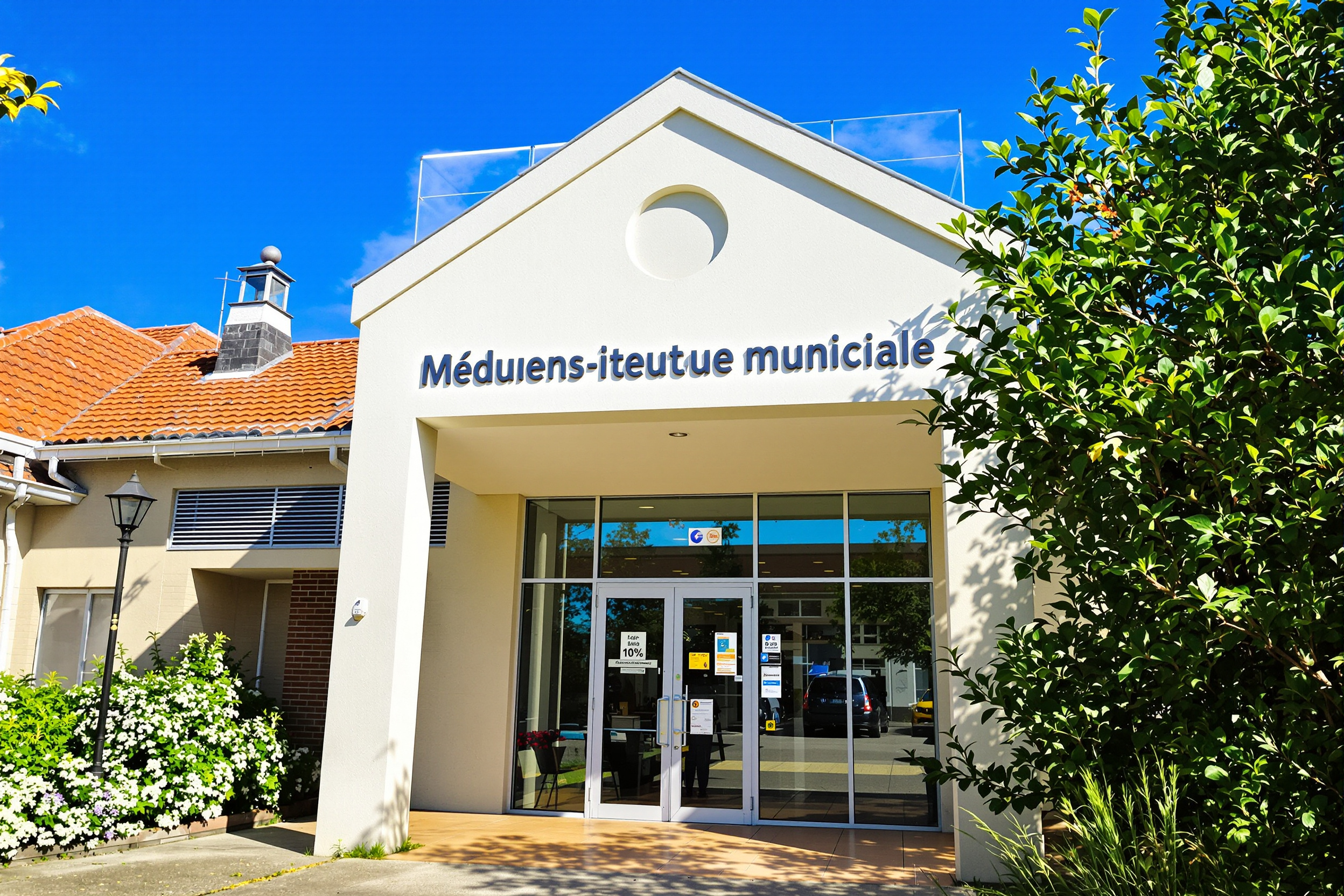 Photo de la façade de la médiathèque de Loubens-Lauragais par une journée ensoleillée, montrant l'entrée et l'aspect accueillant du bâtiment. On peut y voir le nom 'Médiathèque municipale' sur un panneau.