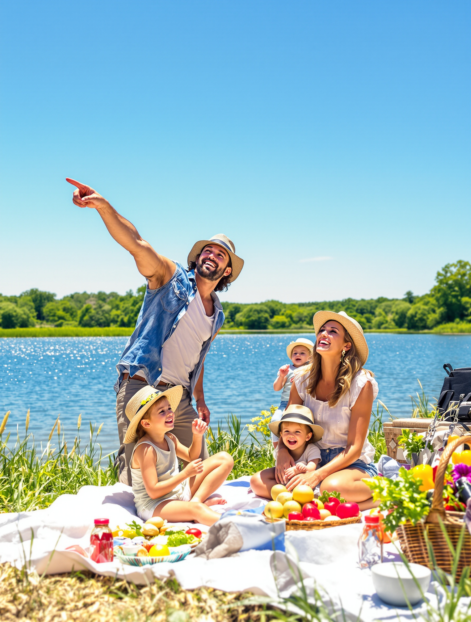 famille agricole heureuse au bord d'un lac grâce à l'aide vacances MSA