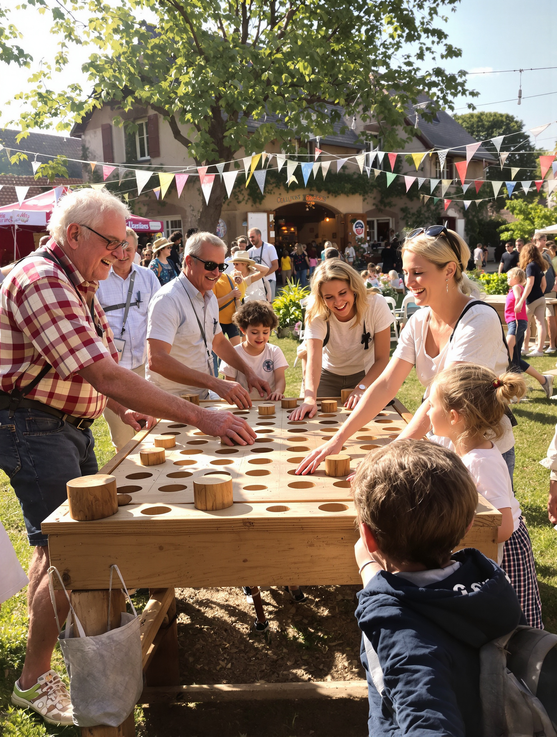 Famille intergénérationnelle jouant à un jeu en bois géant lors d'une fête dans le Lauragais
