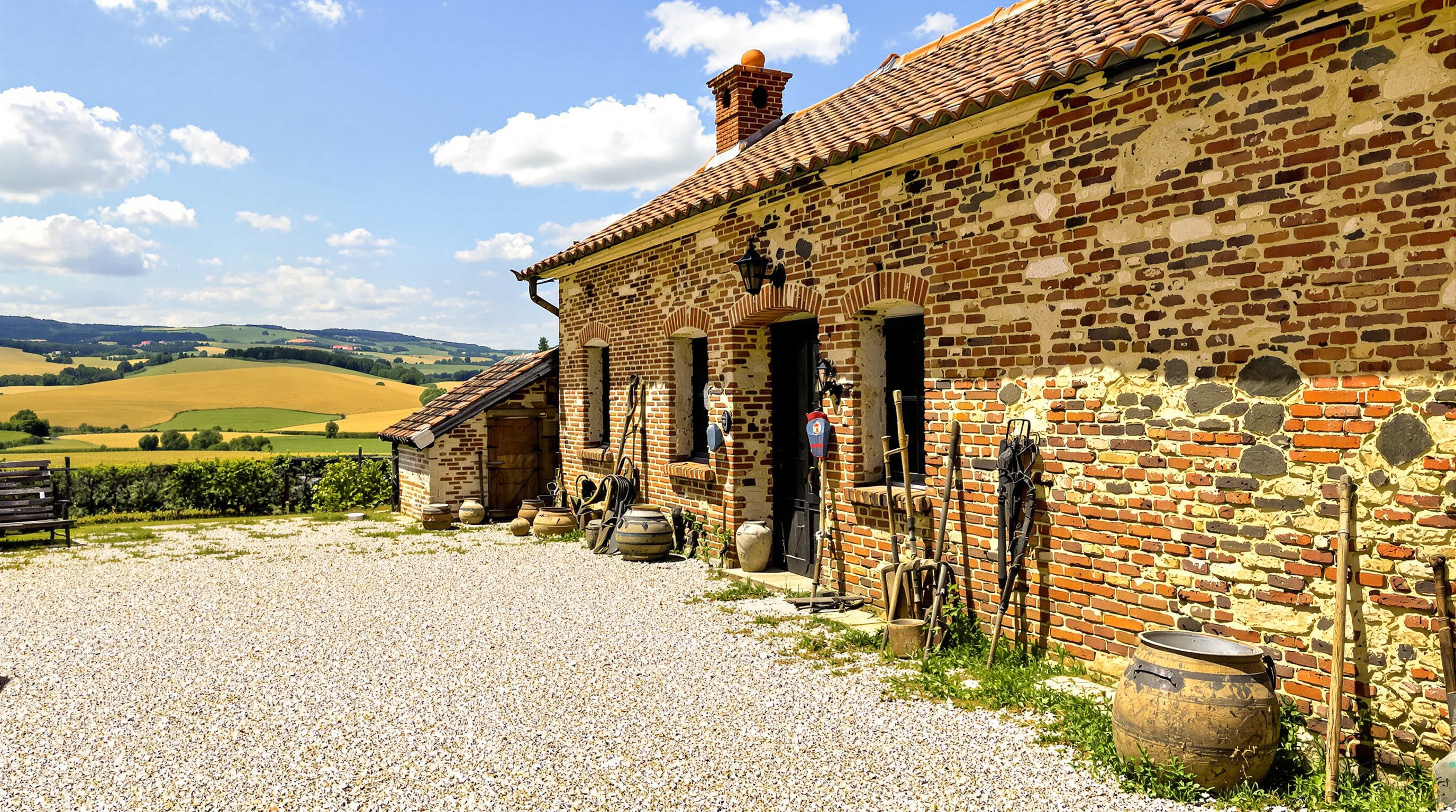 Ferme ancienne en Lauragais : briques et galets, toiture rouge