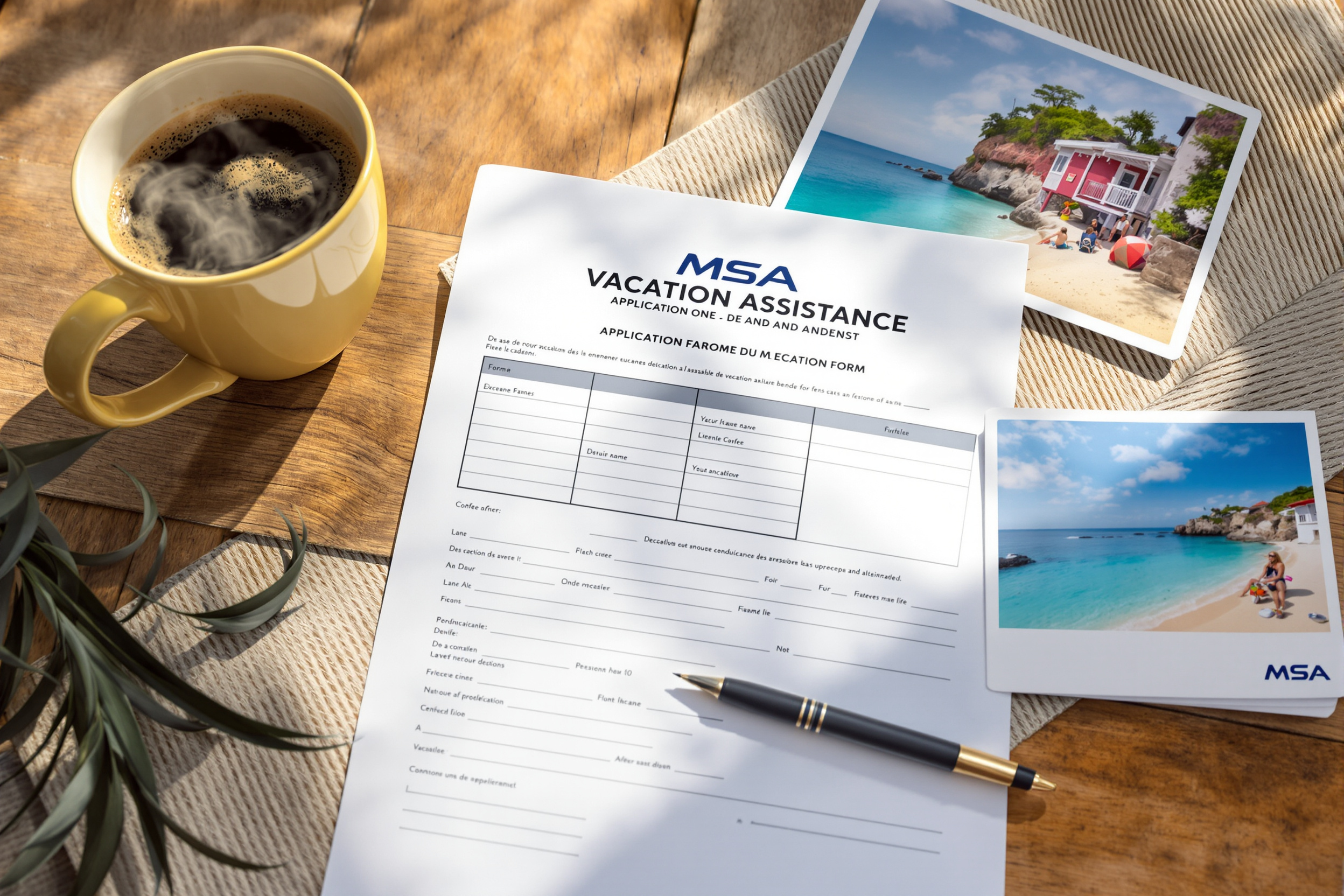 Formulaire d'aide aux vacances MSA sur table rustique avec café et carte postale