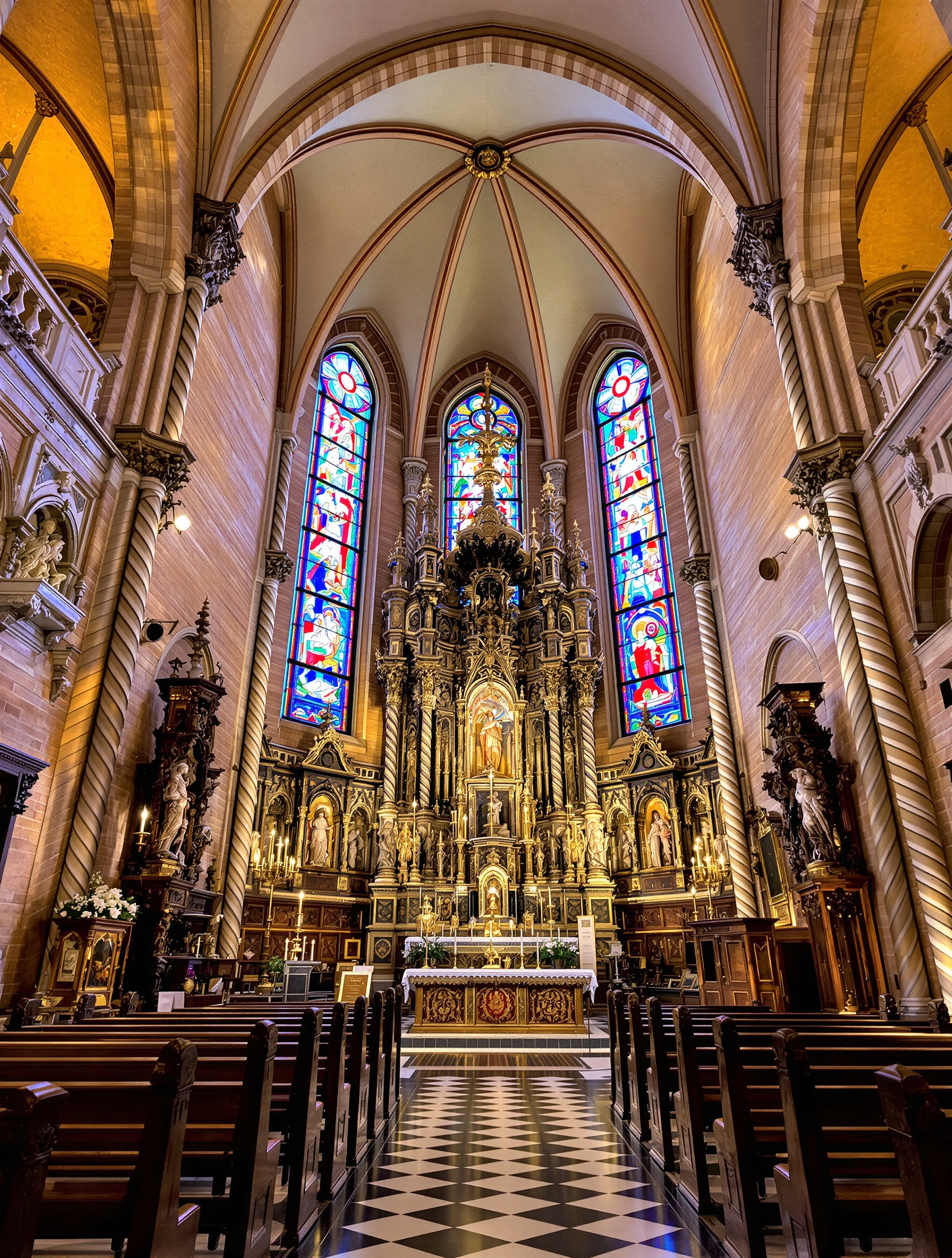 Intérieur de l'église Saint-Rémy de Prunet avec retable baroque et vitraux
