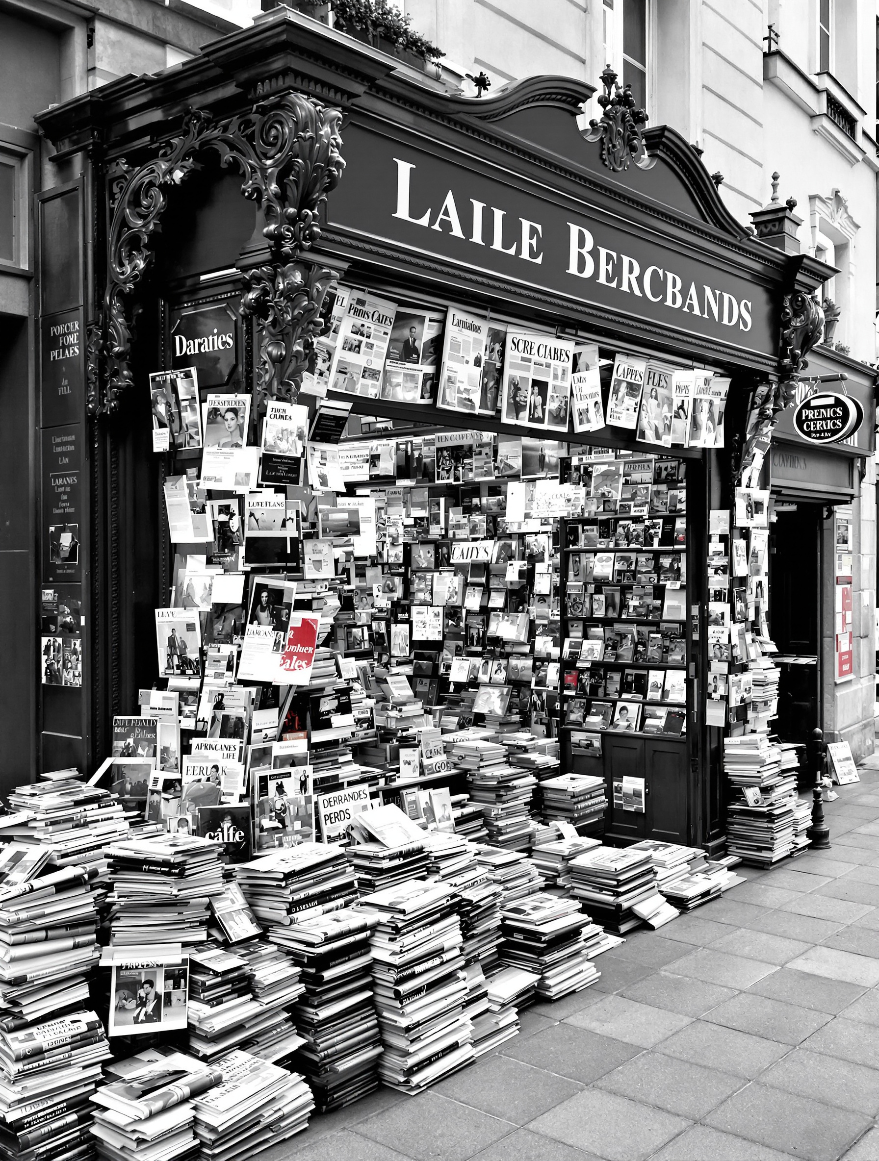 Kiosque à journaux traditionnel parisien débordant de titres évoquant l'histoire riche des publications.