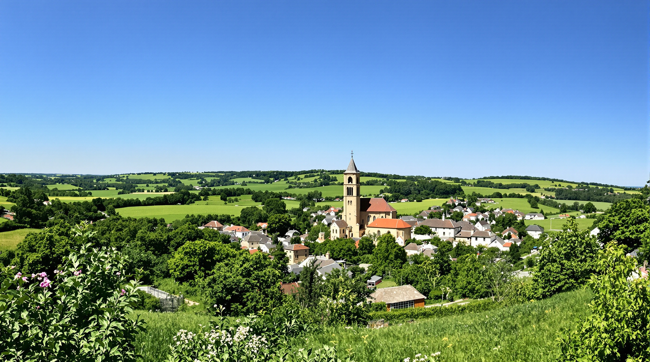 Une photo panoramique du village de Le Faget niché dans les collines verdoyantes du Lauragais, sous un ciel bleu. L'image capture l'essence rurale et paisible du lieu, avec le clocher de l'église qui se détache.