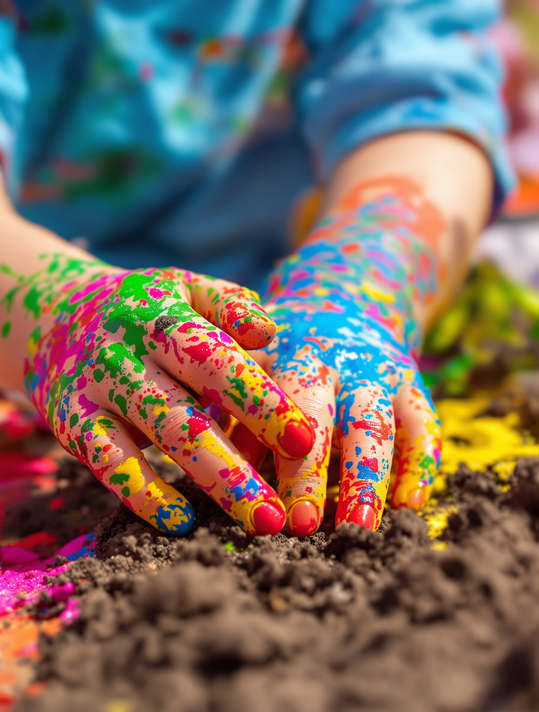 Mains d'enfants barbouillées de peinture ou de terre en pleine création