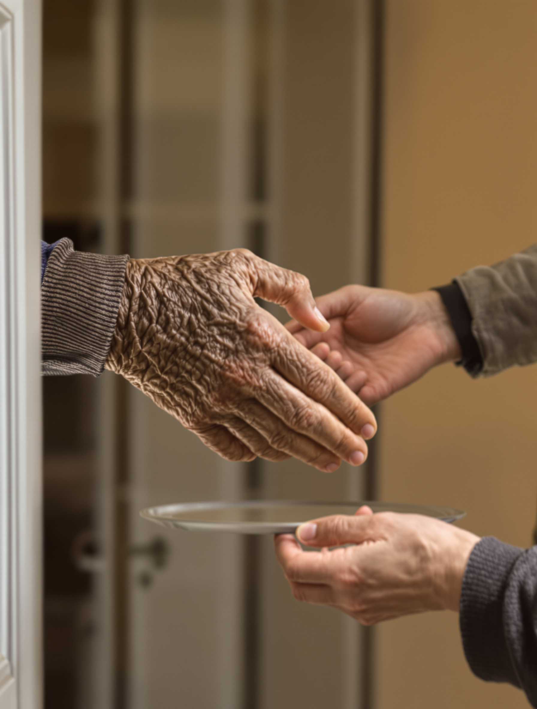 Une vue discrète de mains échangeant un plateau-repas sur le pas d'une porte. La main qui reçoit est celle d'une personne âgée. L'image évoque confiance, soin et lien humain.