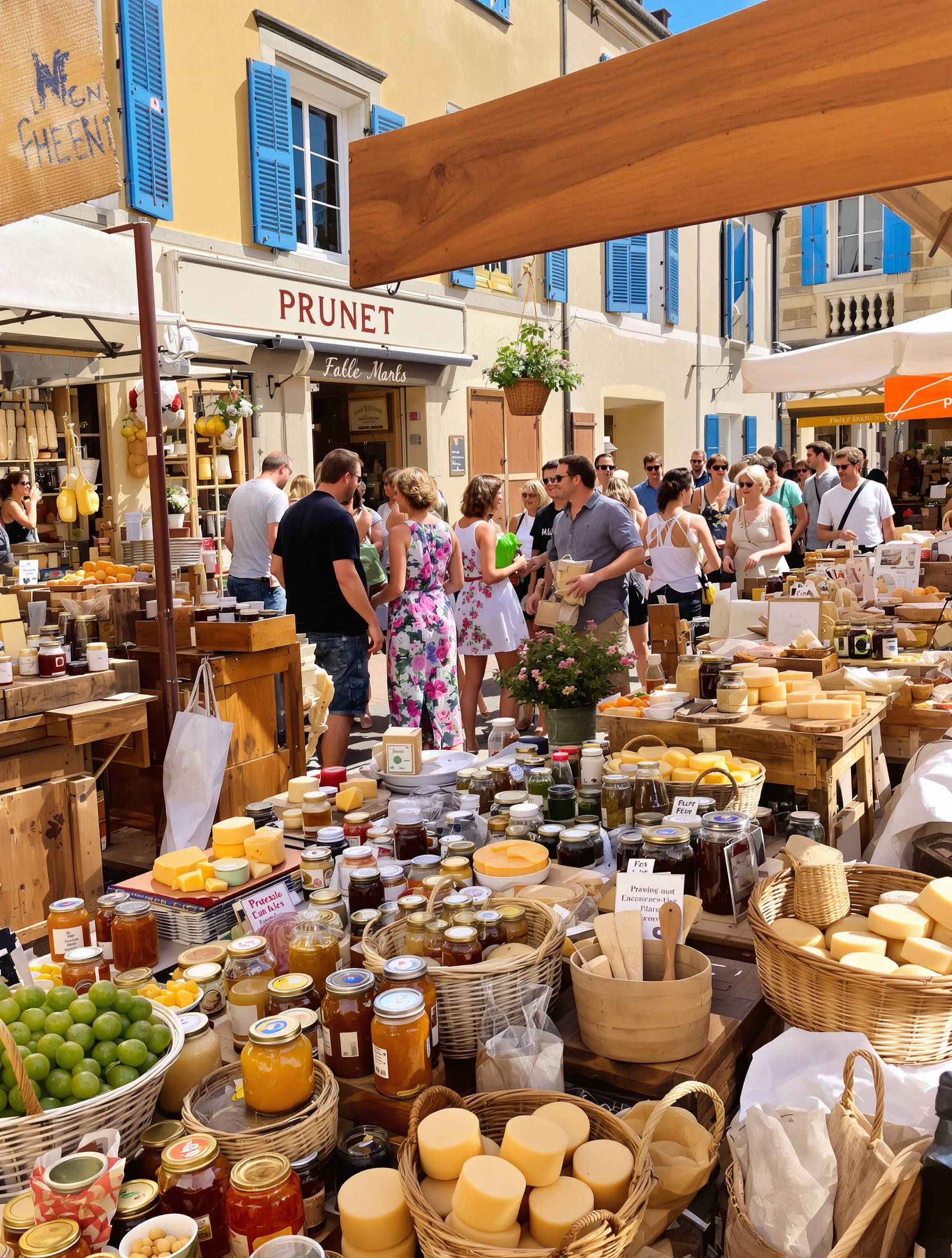 Ambiance conviviale sur le marché estival de Prunet avec des étals colorés de produits locaux et des habitants qui discutent.