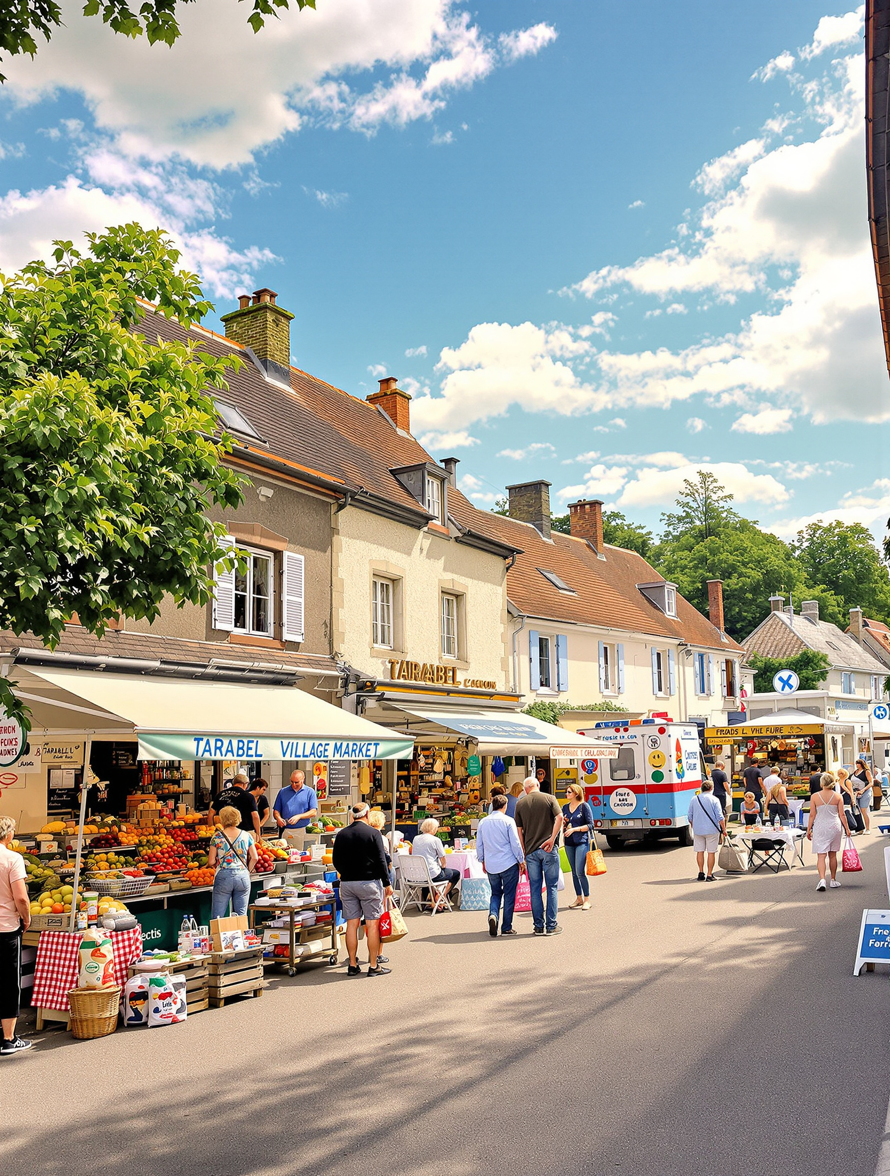 Marché villageois de Tarabel avec étals et habitants discutant sous ciel campagne Lauragais