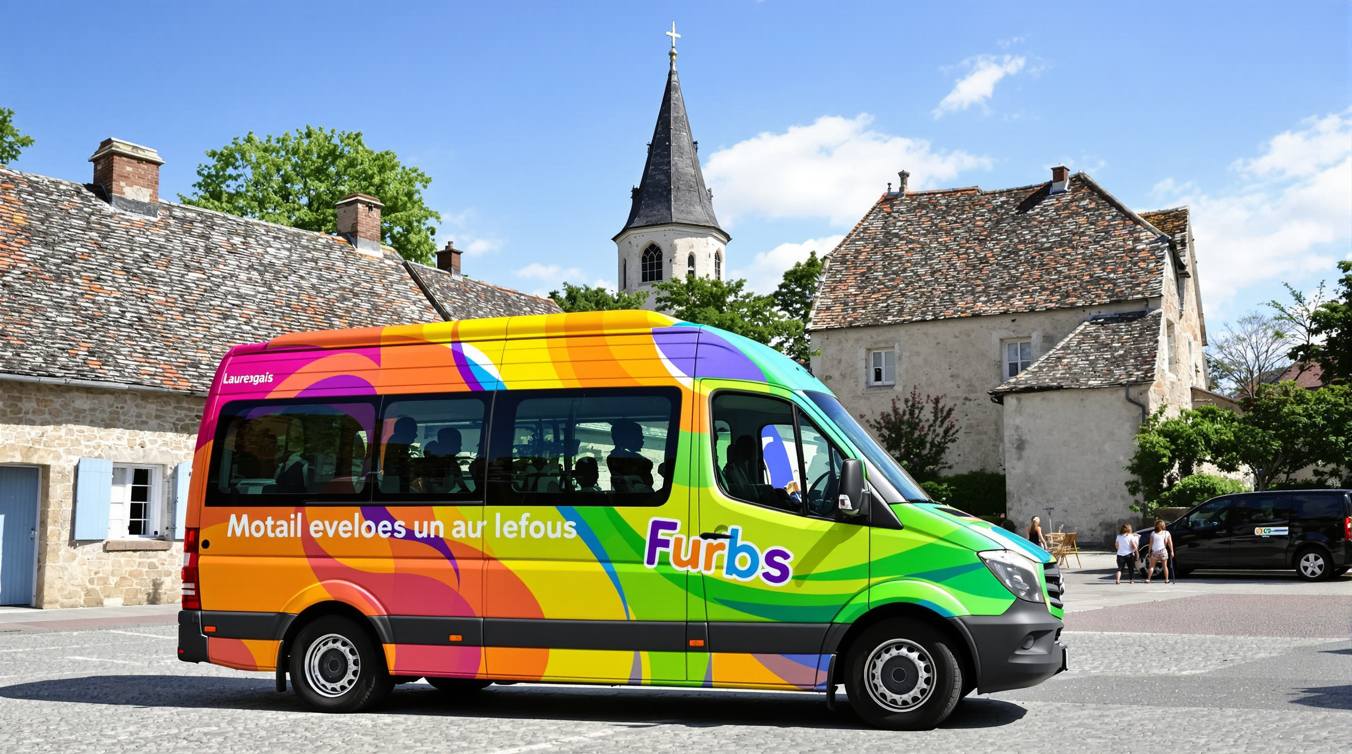 Minibus de Transport à la Demande stationné sur la place d'un village du Lauragais avec clocher.