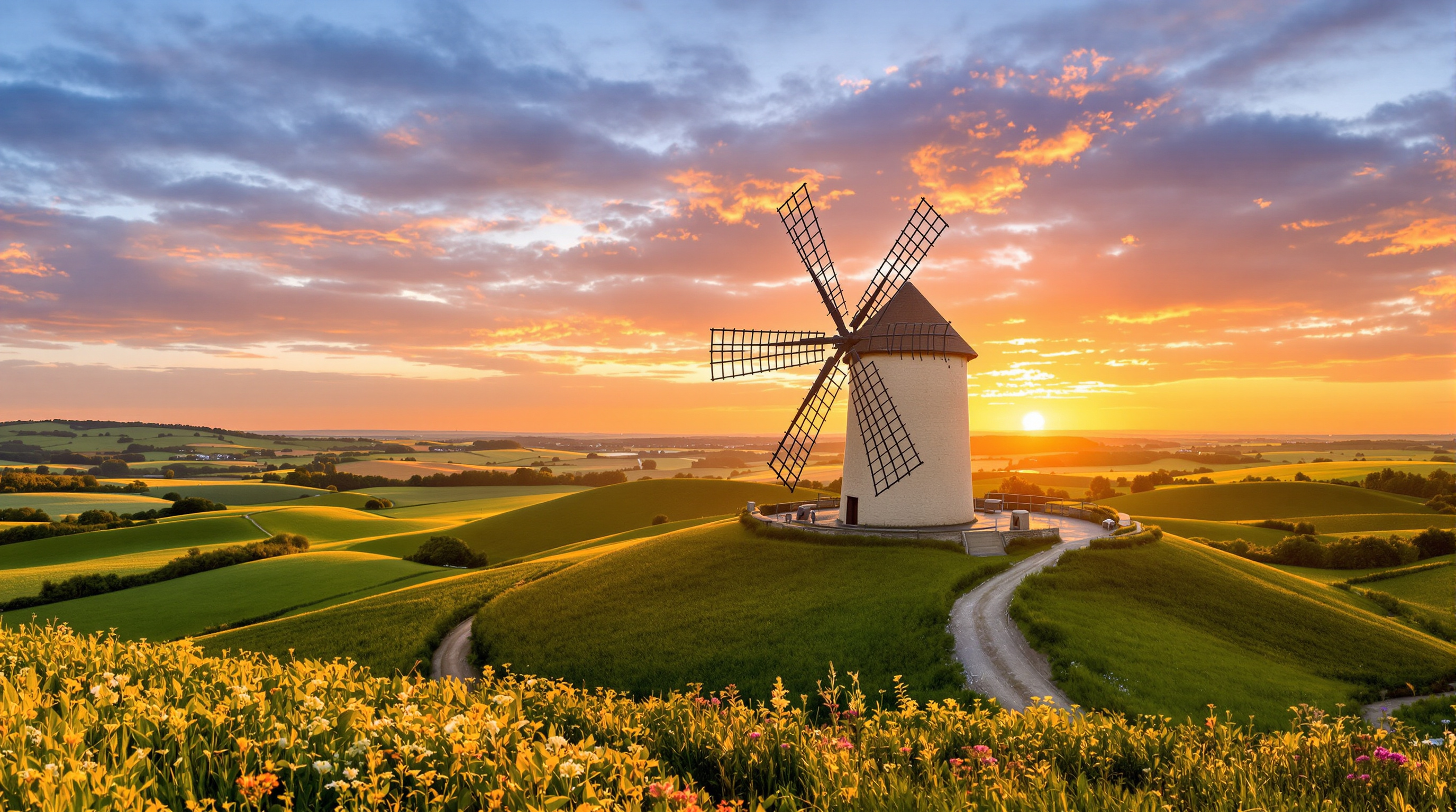 Moulin à vent traditionnel du Lauragais perché sur une colline au coucher du soleil.
