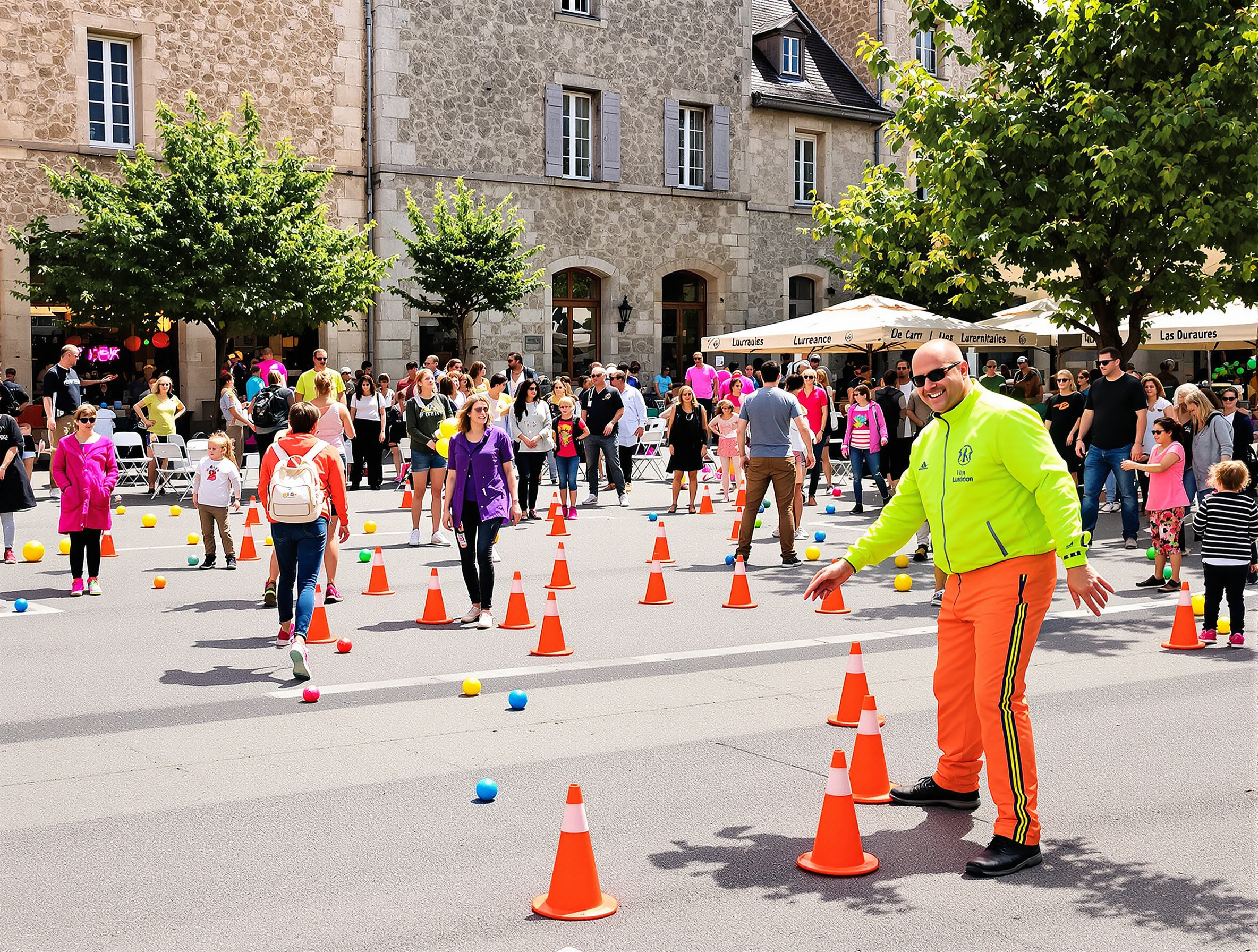 Organisateur en survêtement fluo installant un parcours sportif convivial dans un village du Lauragais