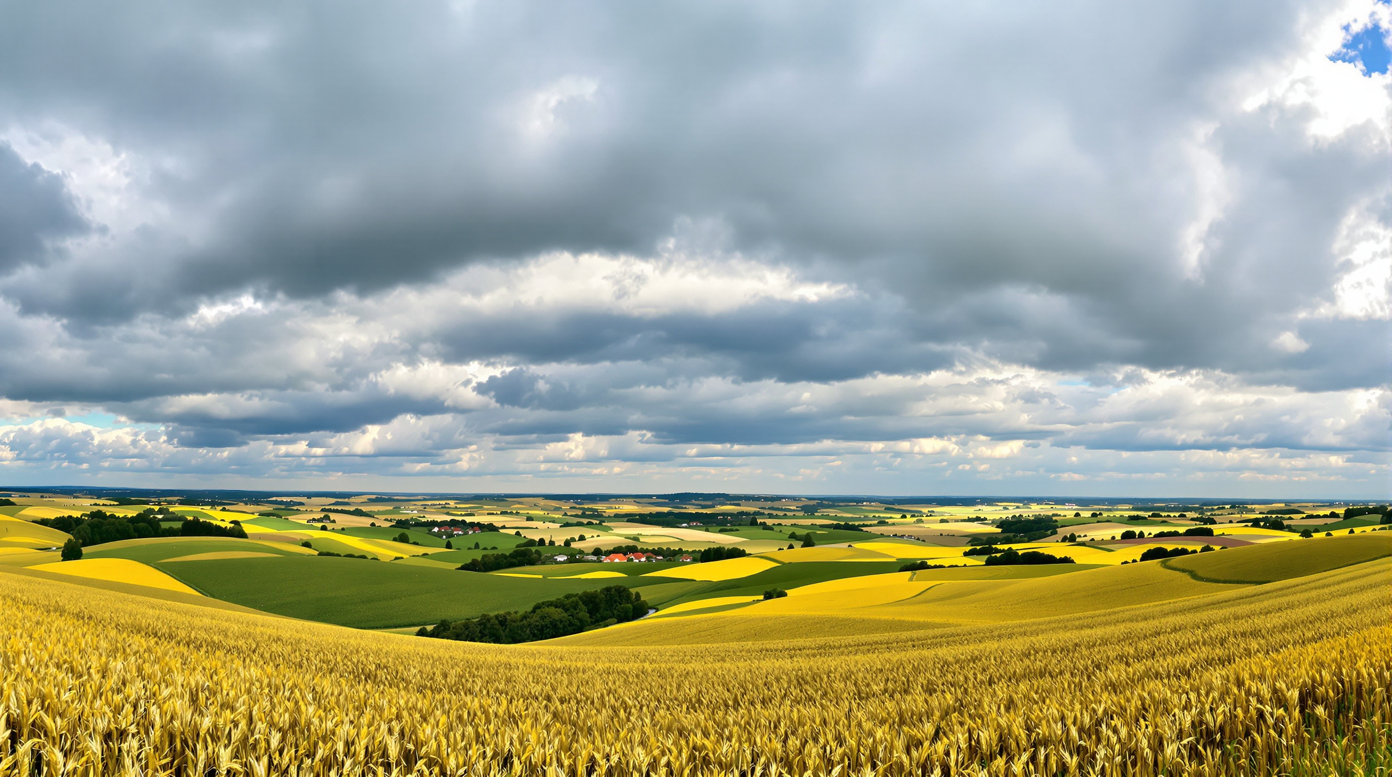 Panorama des collines du Lauragais autour de Ségreville avec champs de blé sous un ciel vaste