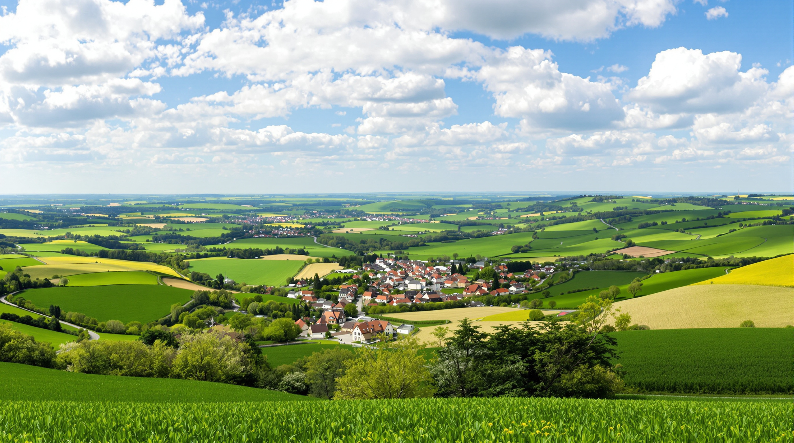 Vue panoramique des coteaux du Lauragais au printemps avec Francarville niché dans les collines
