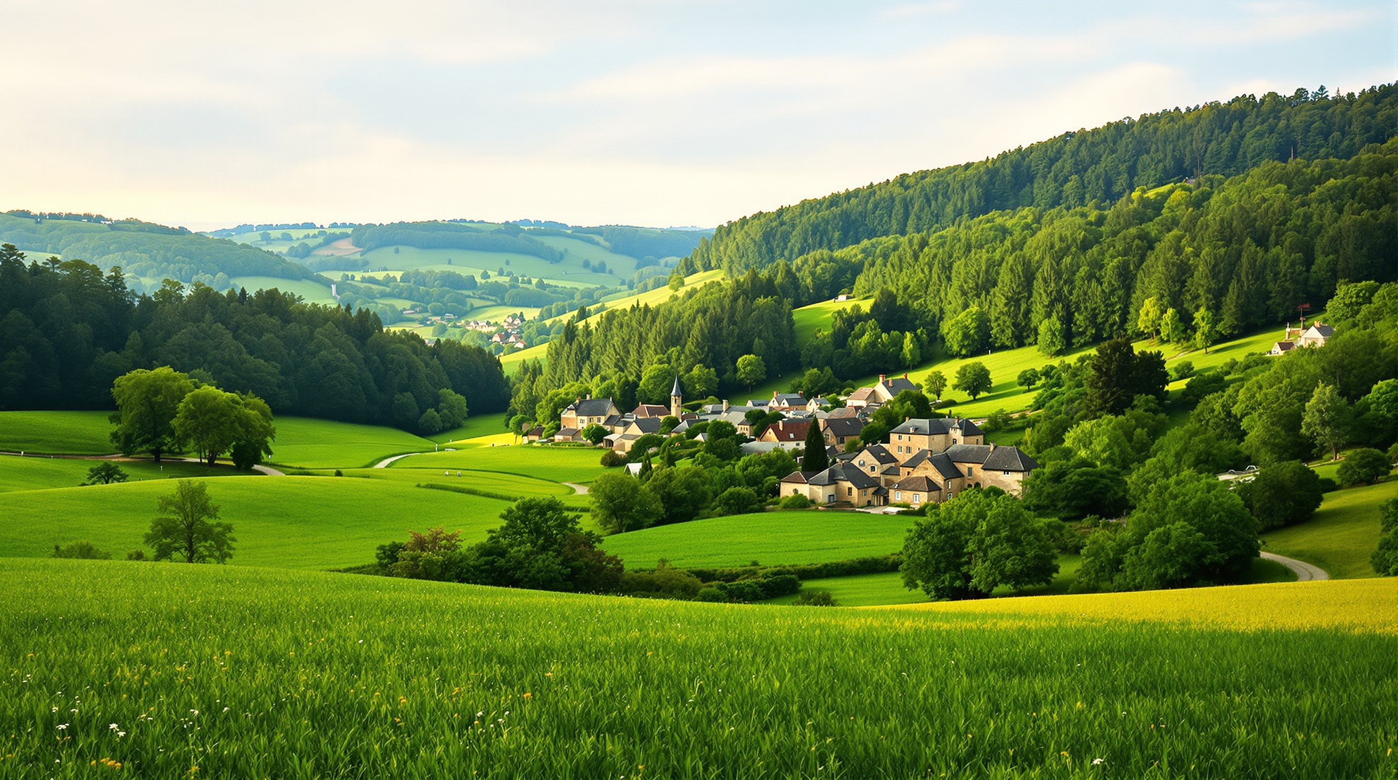 Vallons verdoyants et châtaigniers typiques autour de Prunet dans le Cantal