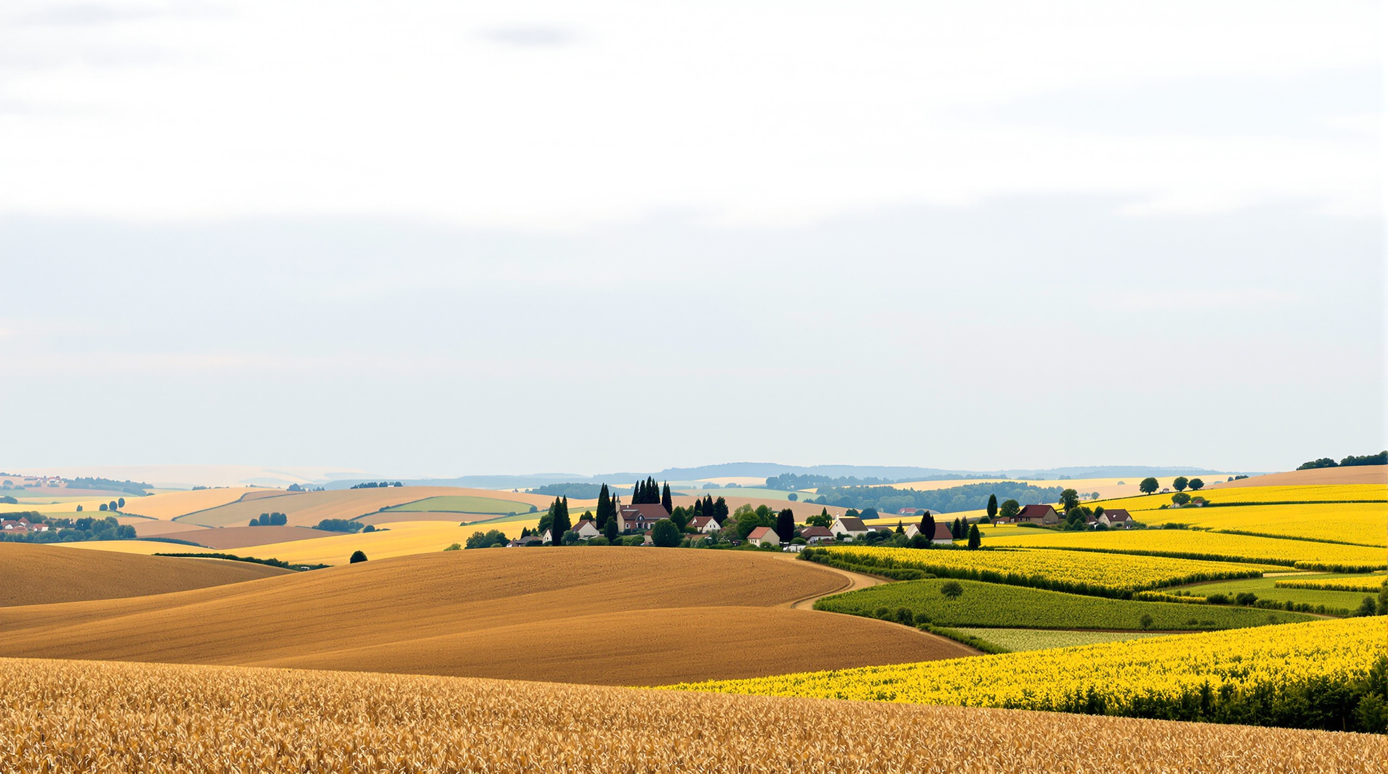 Paysage vallonné typique du Lauragais près d'Auriac-sur-Vendinelle montrant l'habitat dispersé avec des fermes isolées au milieu des champs de cultures.