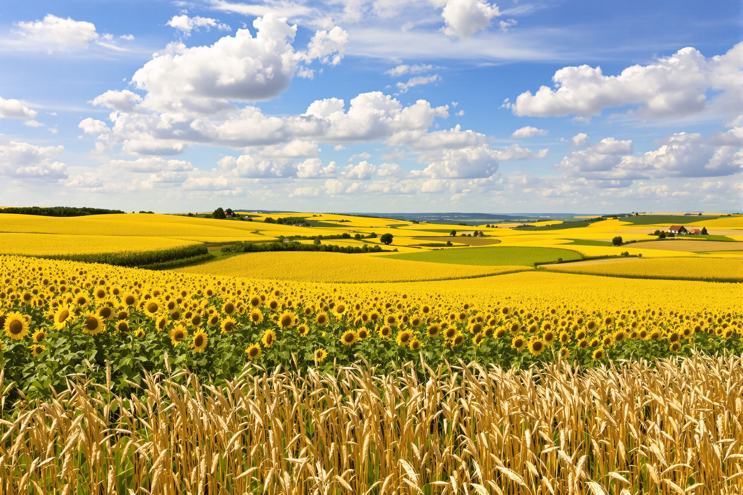 Paysage vallonné typique du Lauragais près de Cambiac avec champs dorés sous ciel lumineux.