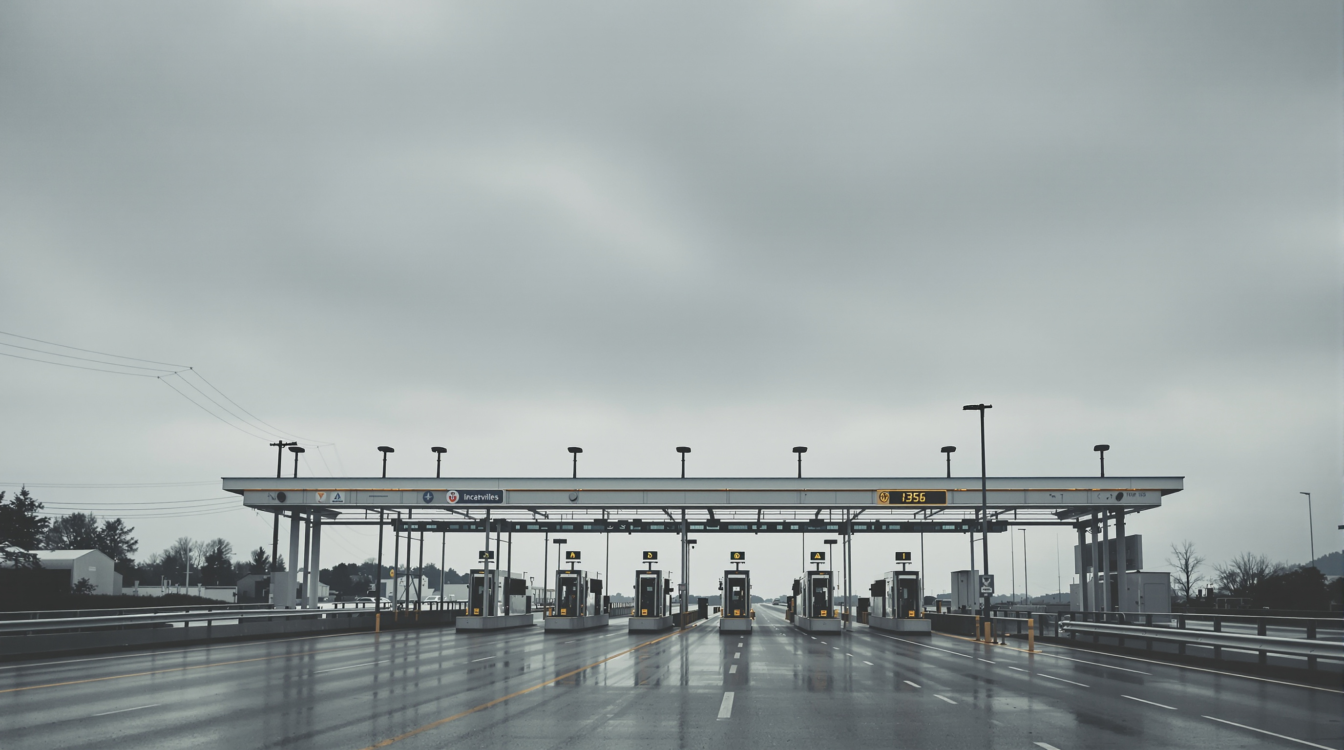 Péage routier d'Incarville sous un ciel gris, ambiance grave