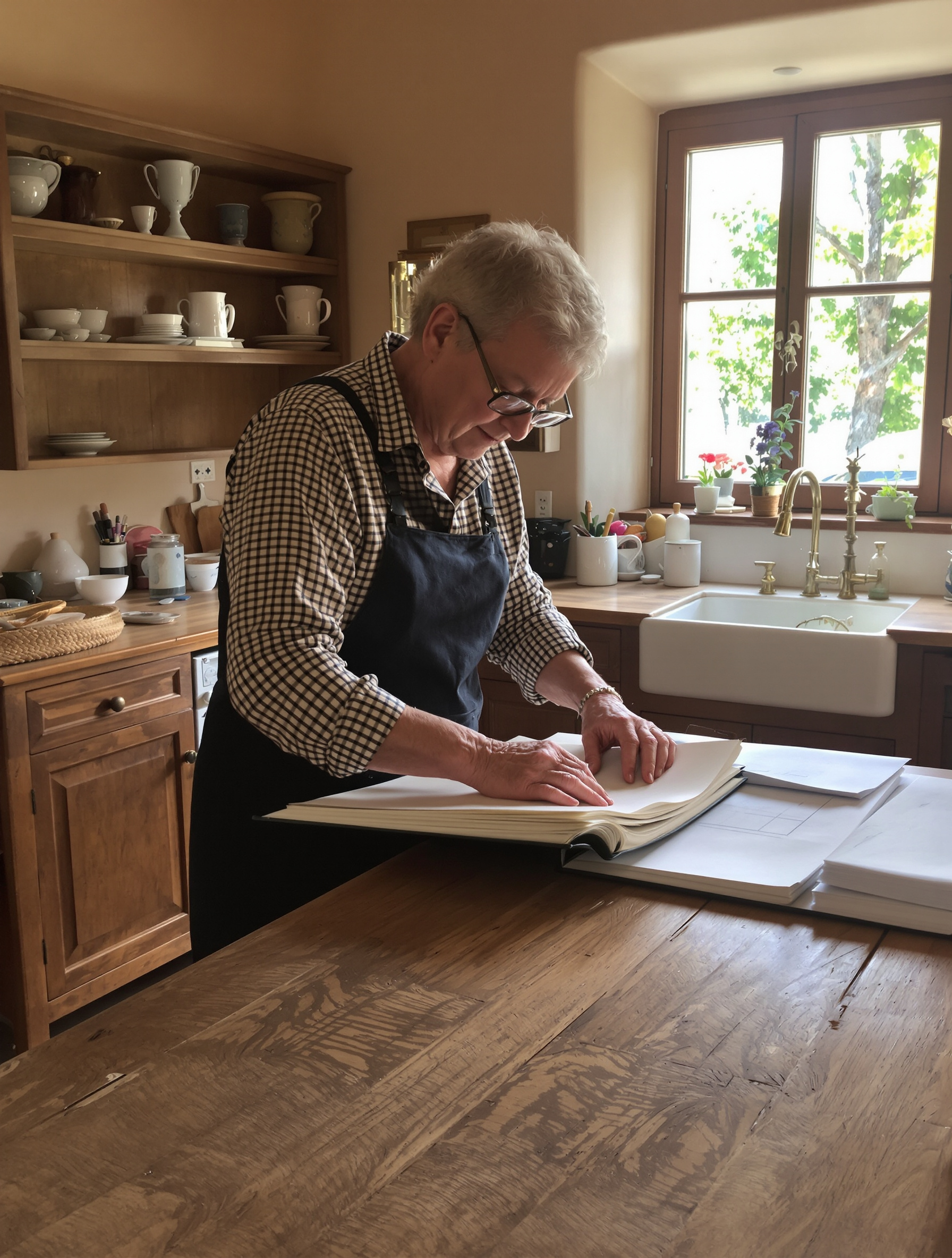Préparation soigneuse des documents par une personne âgée dans une cuisine de campagne