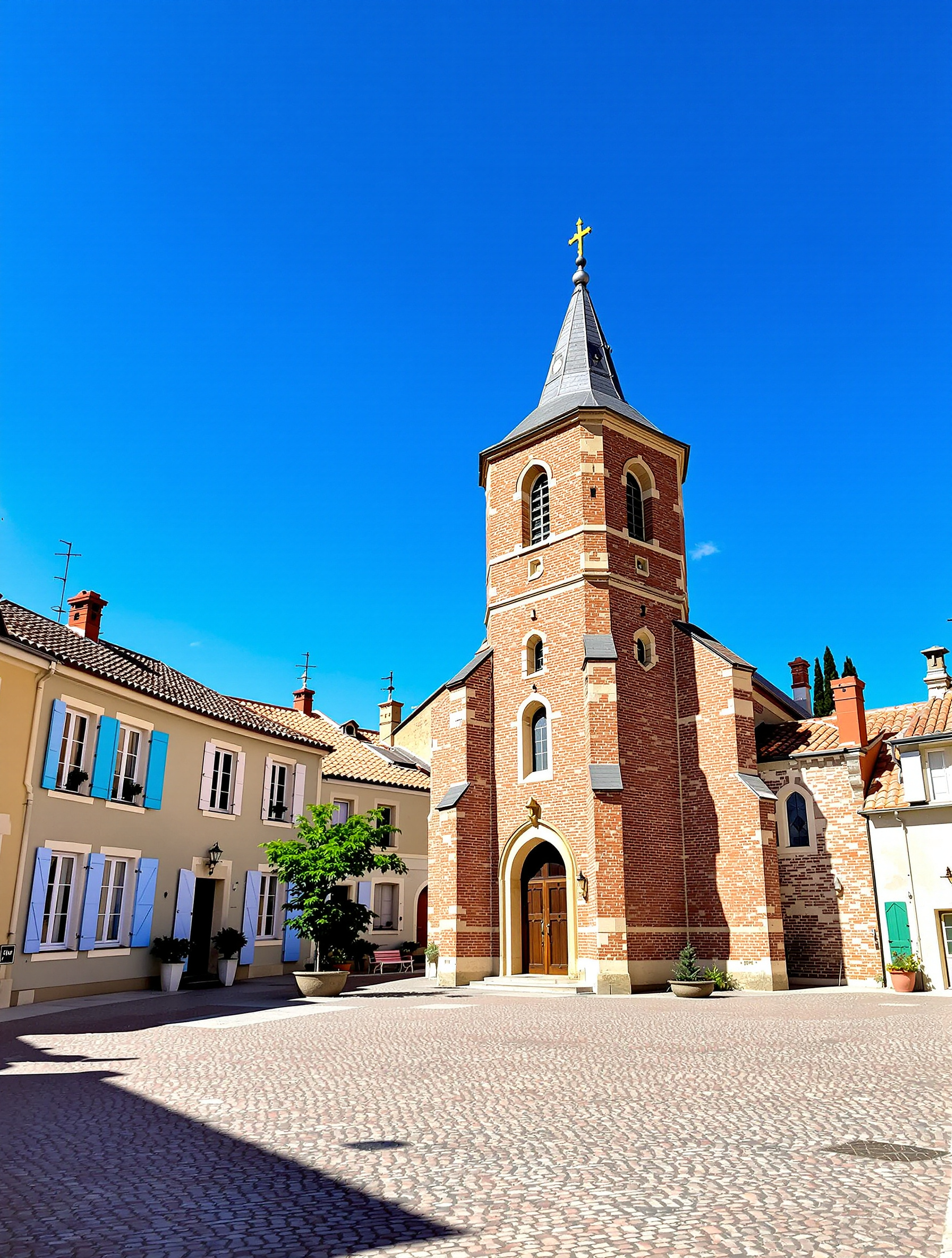Place du village avec l’église Saint-Bernard et maisons typiques en brique sous ciel bleu à Bourg-Saint-Bernard