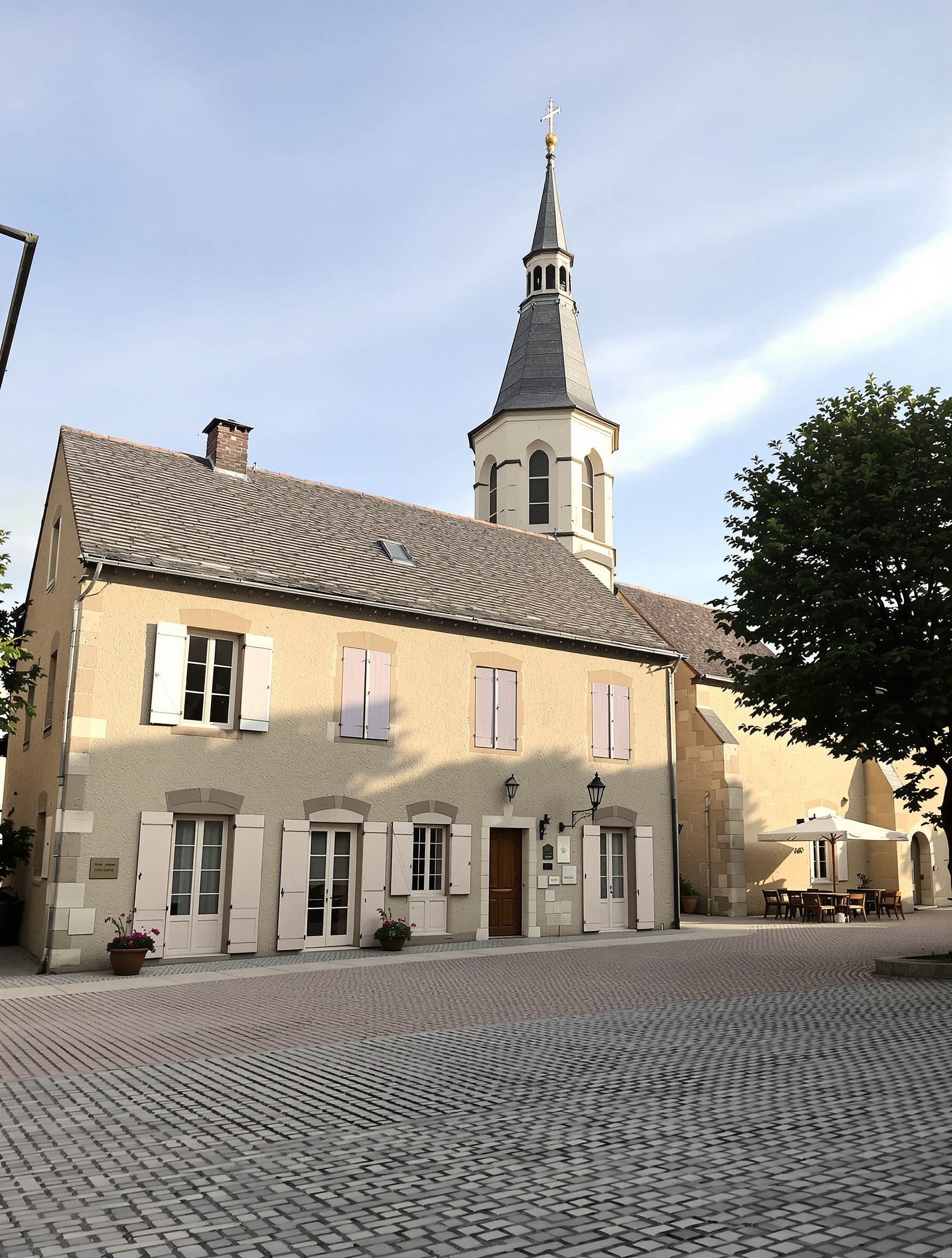 Façade de la mairie d'Aurin avec l'église en arrière-plan