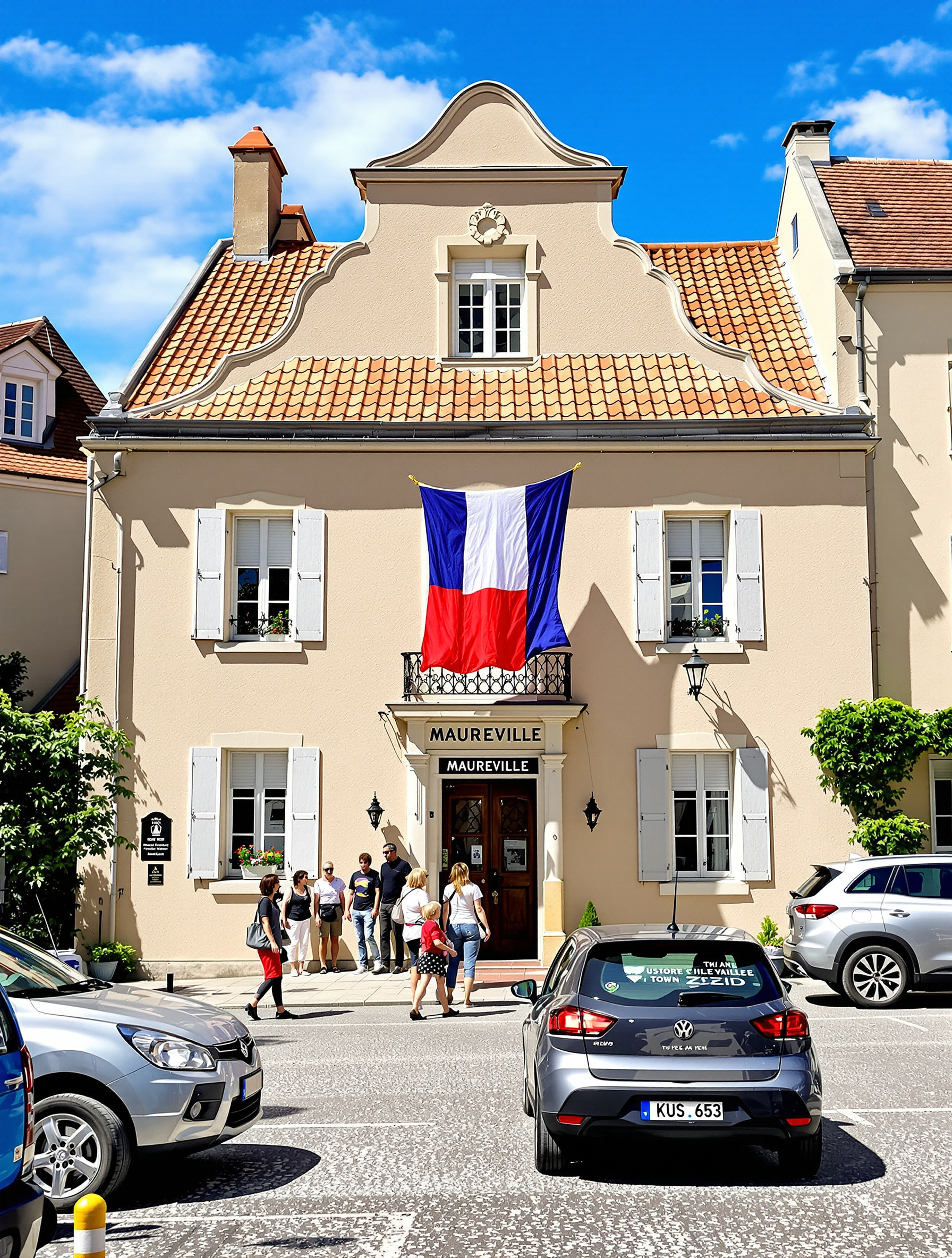 Place de la mairie de Maureville un jour de semaine ensoleillé — ambiance paisible avec quelques habitants.