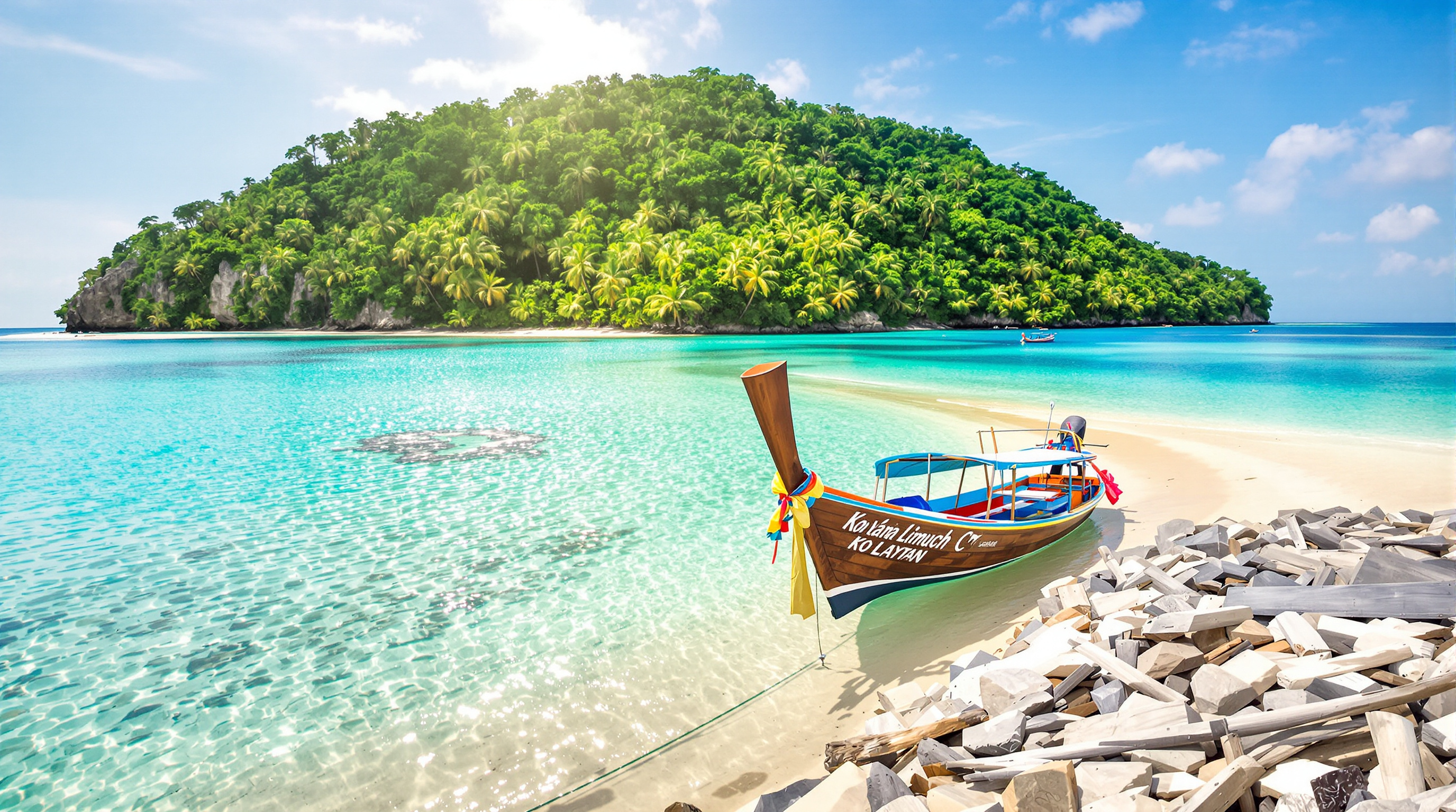 Plage idyllique sur l'île de Ko Lanta en Thaïlande avec bateau traditionnel