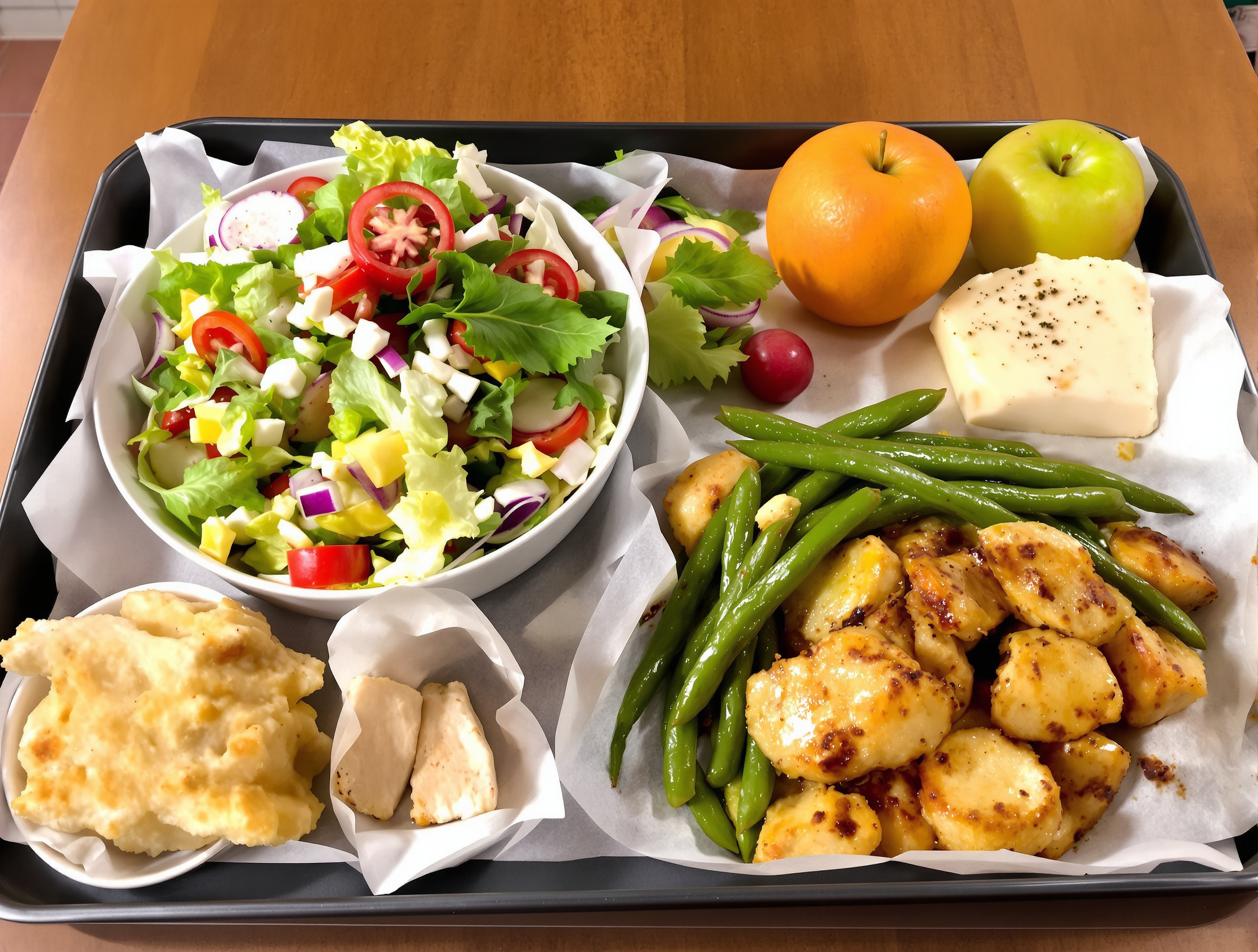 Un plateau-repas appétissant et équilibré livré à domicile, montrant une entrée colorée, un plat principal chaud, un morceau de fromage et un fruit. Ça a l'air bien meilleur que la tambouille de l'hôpital, bon sang de bois.