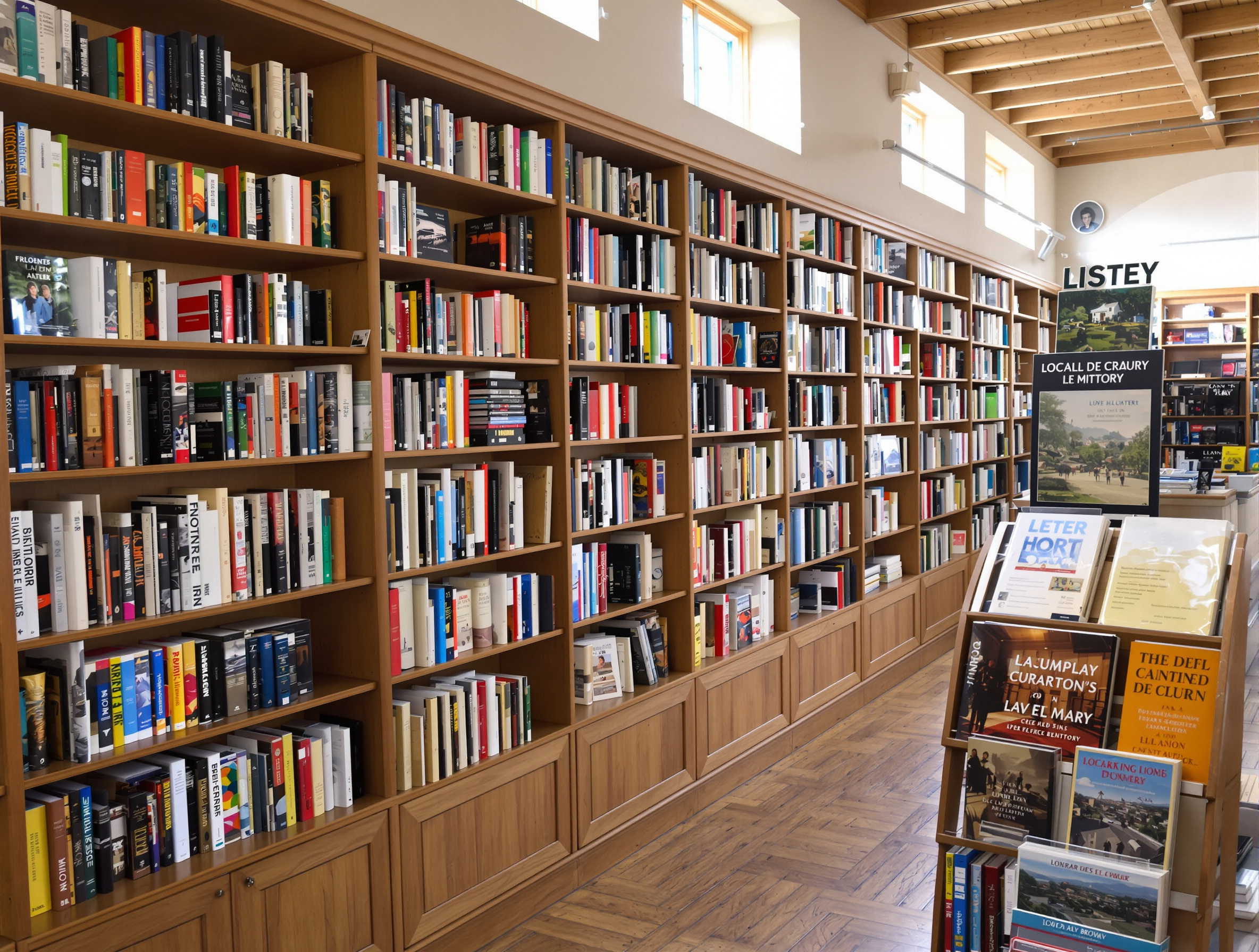 Rayon bibliothèque Lauragais intérieur chaleureux avec livres sur l'histoire locale.