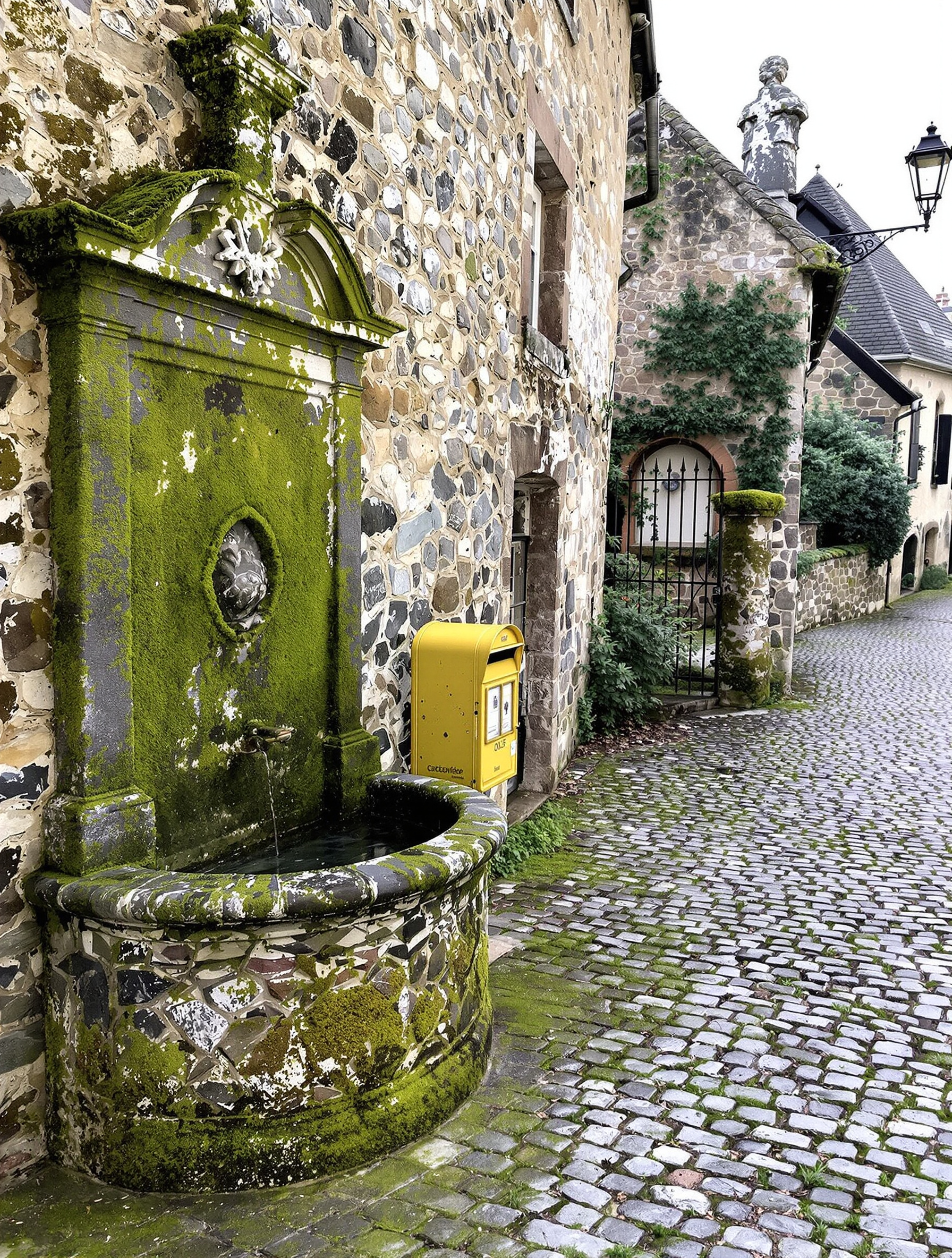 Ruelle typique de Prunet avec fontaine ancienne et croix de chemin