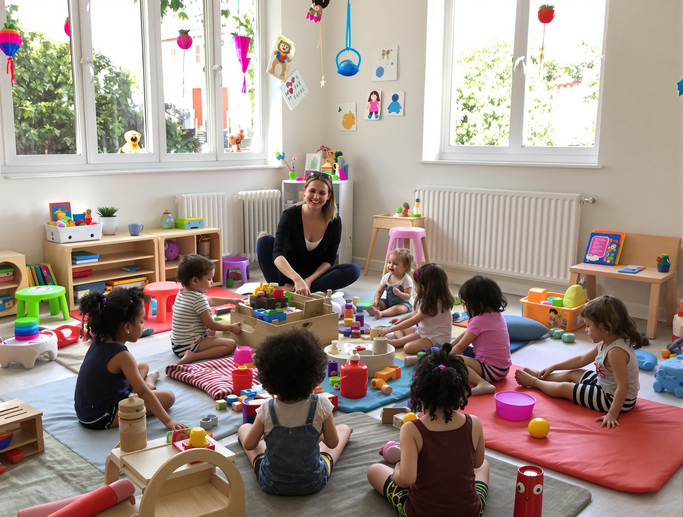 Salle de vie colorée d'un multi-accueil dans le Lauragais avec enfants en activité