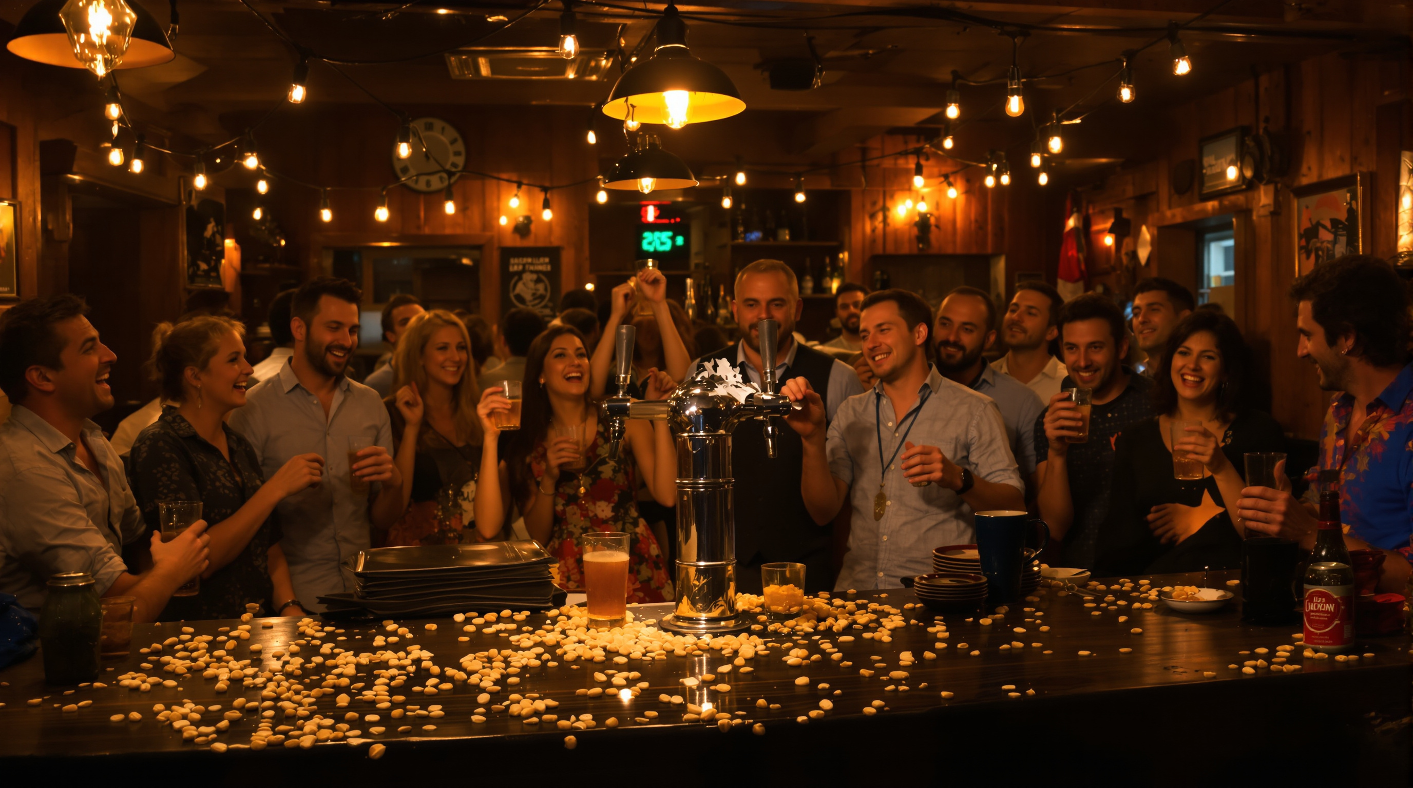 Tireuse à bière en panne pendant une fête villageoise, ambiance de frustration joyeuse.