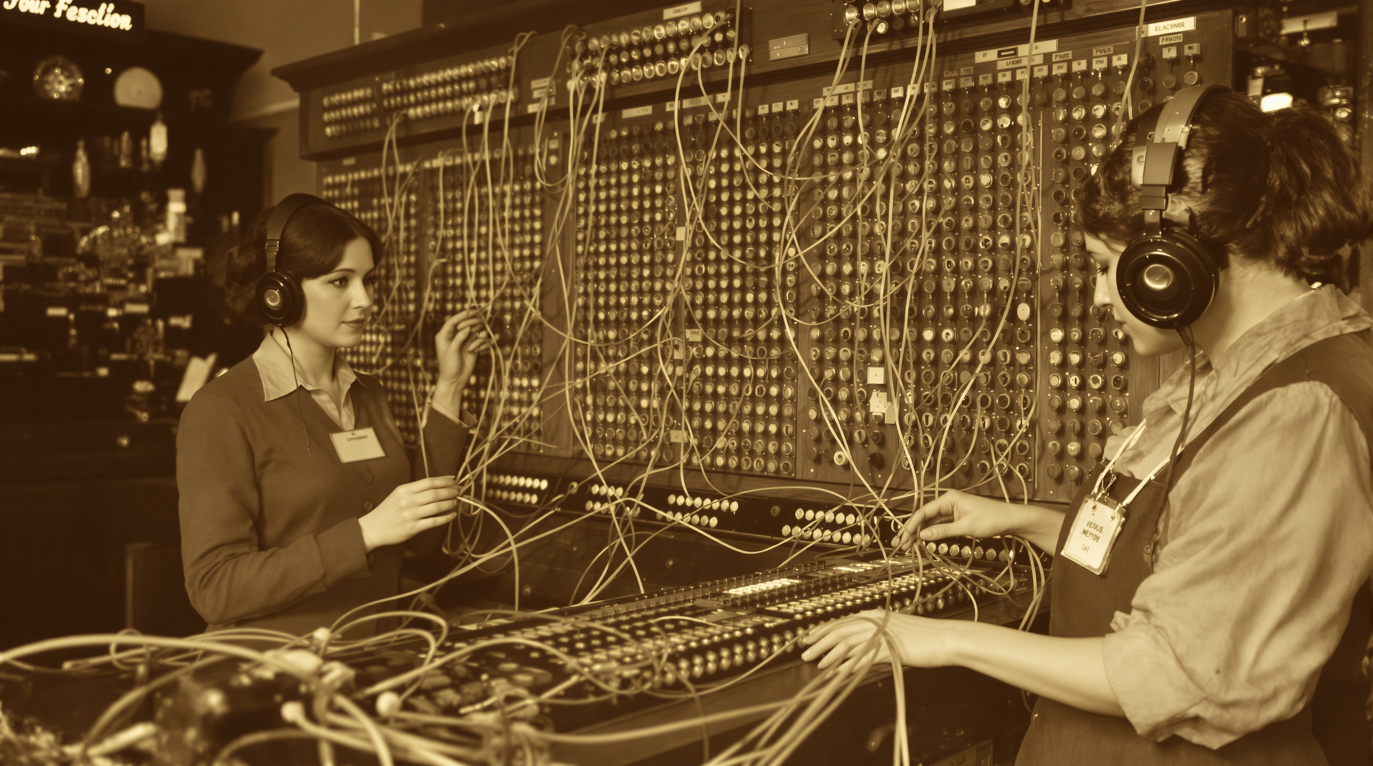 Ancien standard téléphonique manuel : image symbolique du rôle de l'hyperlien HTML connectant manuellement pages et idées sur le web.