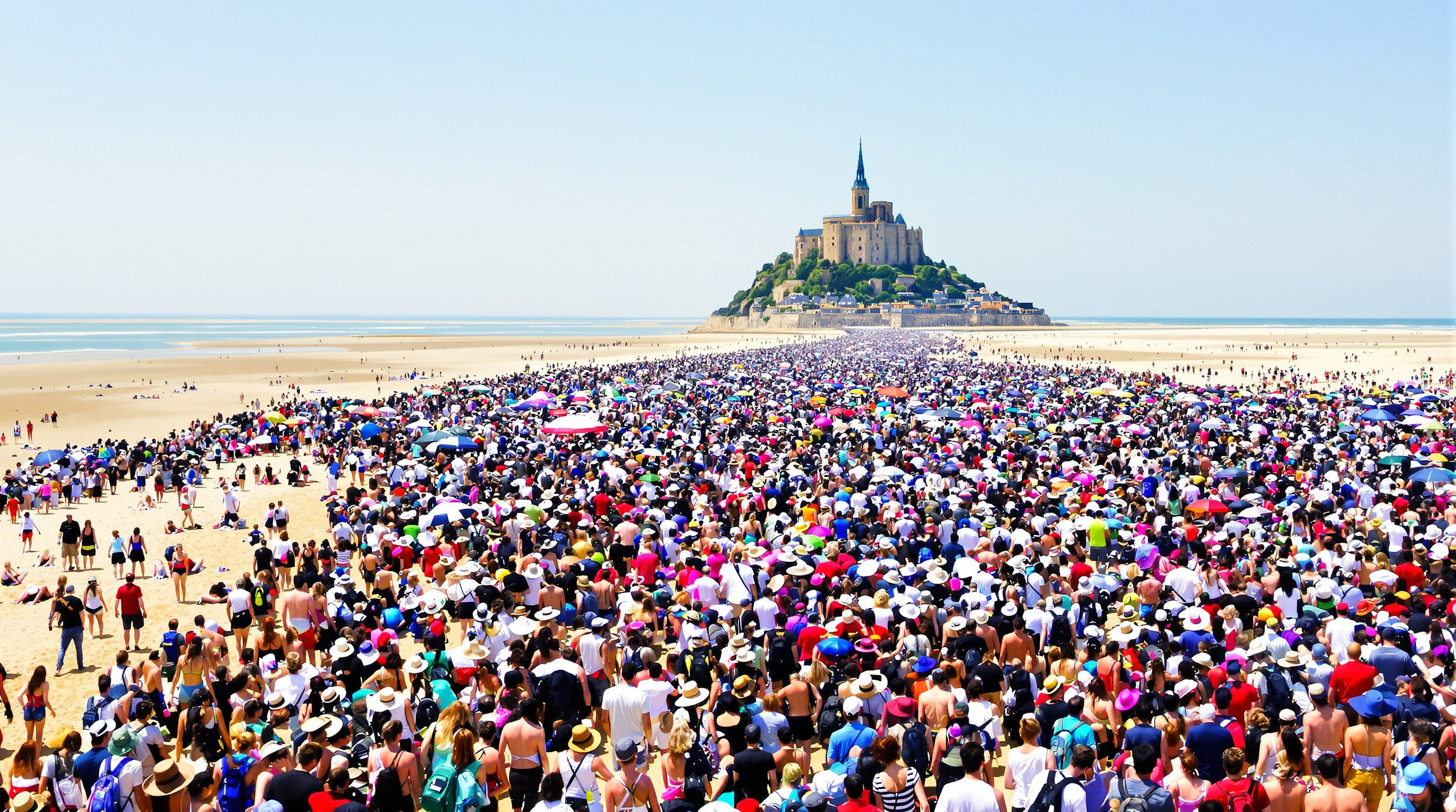 Surtourisme plage bondée Mont-Saint-Michel foule compacte