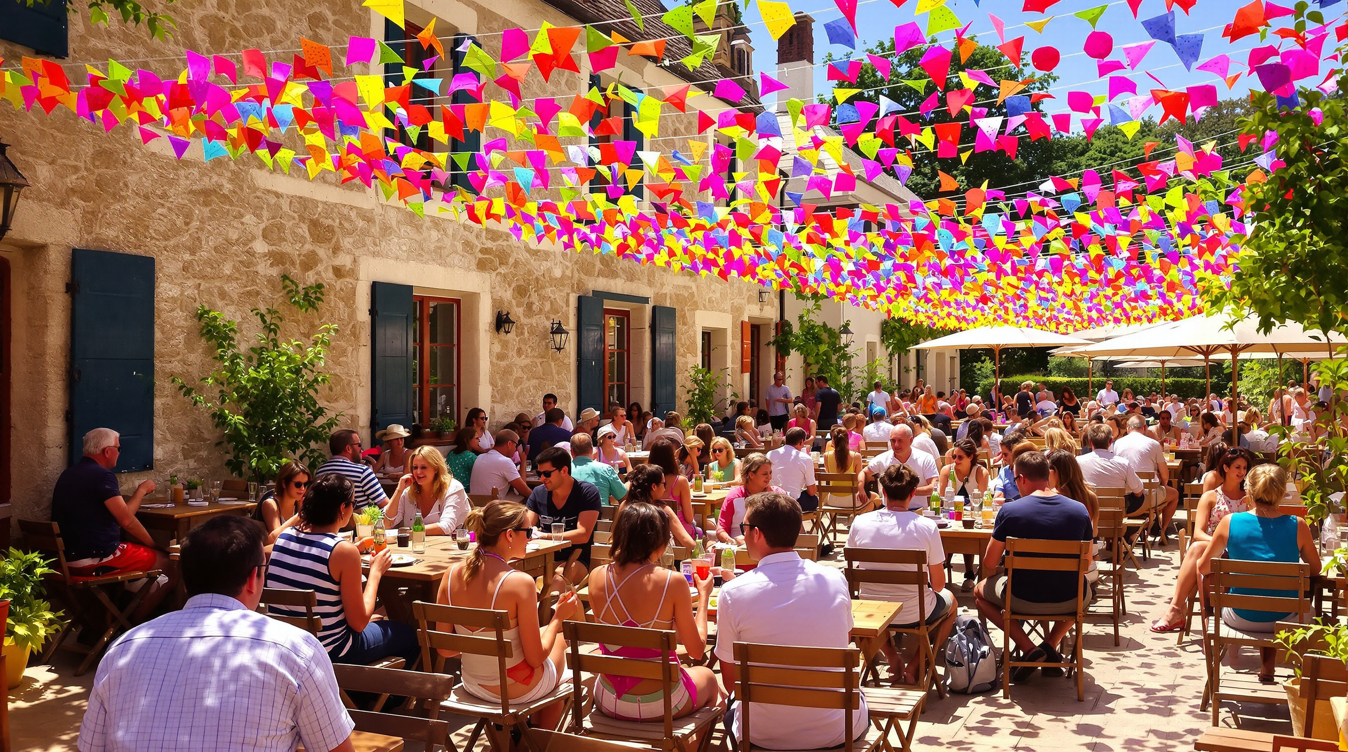 Terrasse animée de La Table d’Albiac lors d’une fête locale avec guirlandes et convives heureux