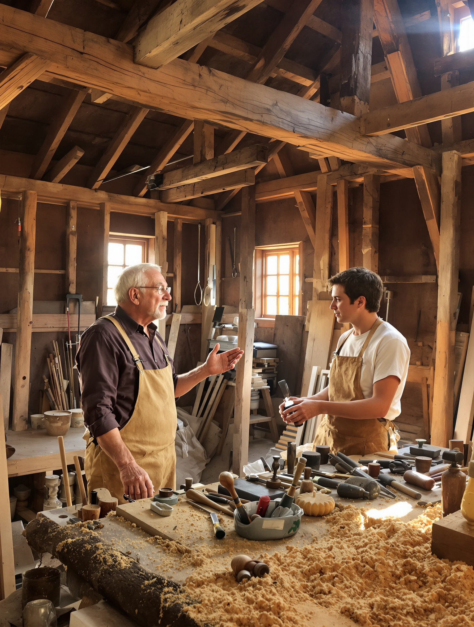 Vieux menuisier expliquant la charpente d'une grange à un jeune dans un atelier rural – métaphore du HTML comme ossature du web.
